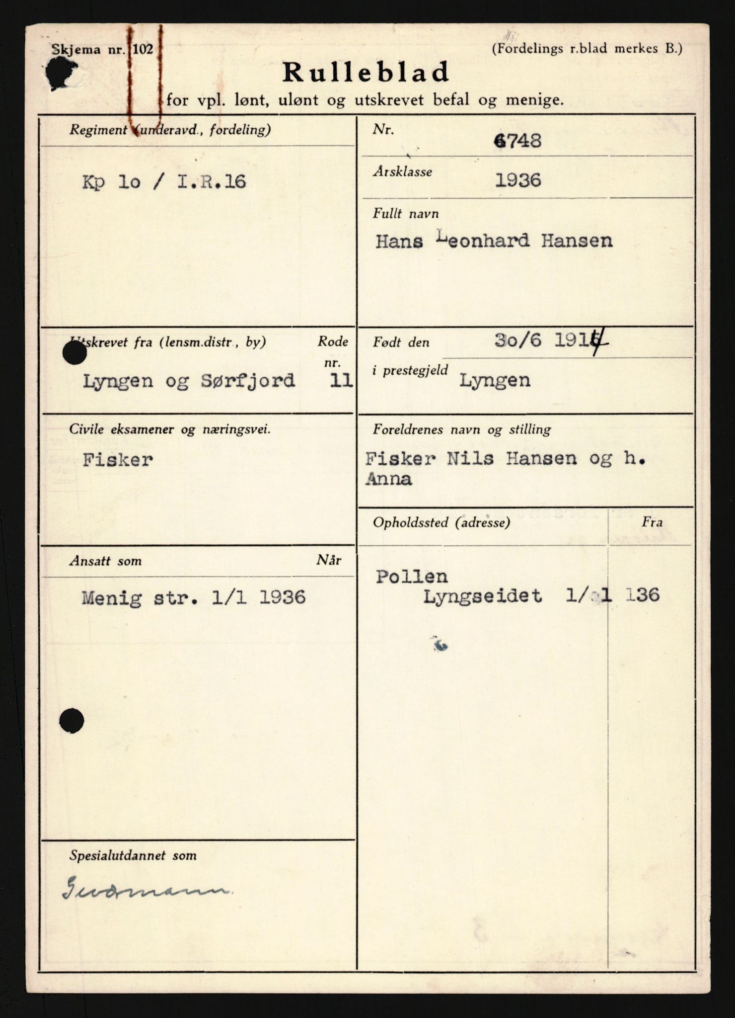 Forsvaret, Troms infanteriregiment nr. 16, AV/RA-RAFA-3146/P/Pa/L0020: Rulleblad for regimentets menige mannskaper, årsklasse 1936, 1936, p. 327