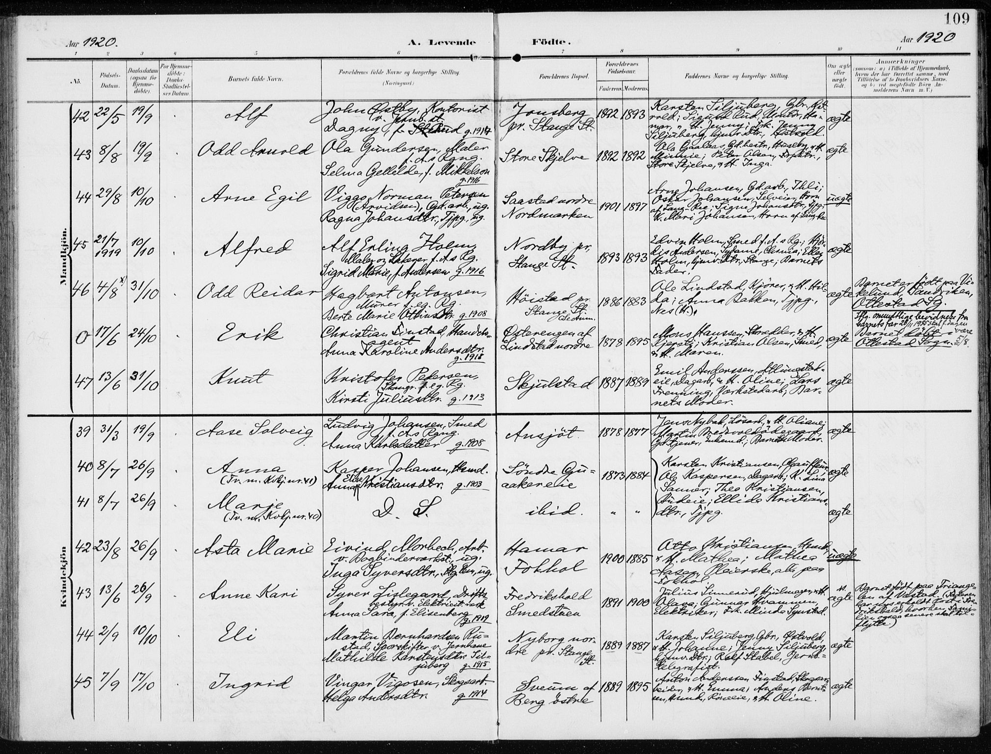 Stange prestekontor, AV/SAH-PREST-002/K/L0024: Parish register (official) no. 24, 1906-1922, p. 109