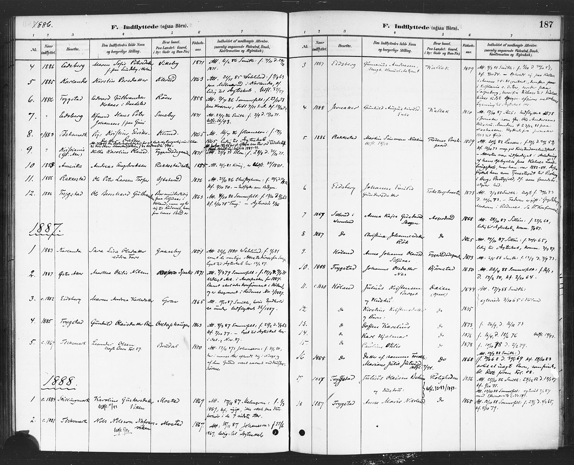 Rødenes prestekontor Kirkebøker, AV/SAO-A-2005/F/Fa/L0009: Parish register (official) no. I 9, 1880-1889, p. 187