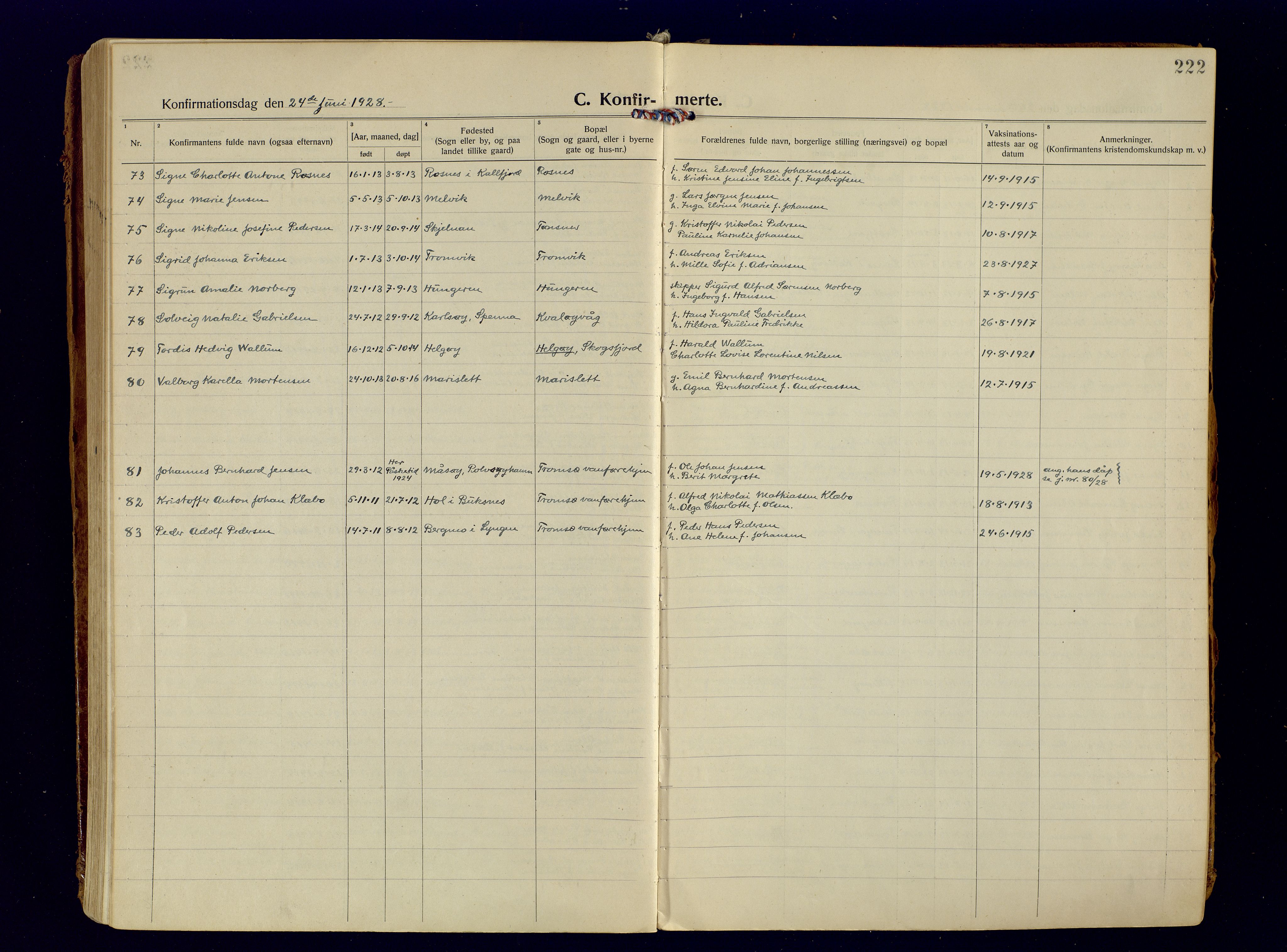 Tromsøysund sokneprestkontor, AV/SATØ-S-1304/G/Ga/L0009kirke: Parish register (official) no. 9, 1922-1934, p. 222