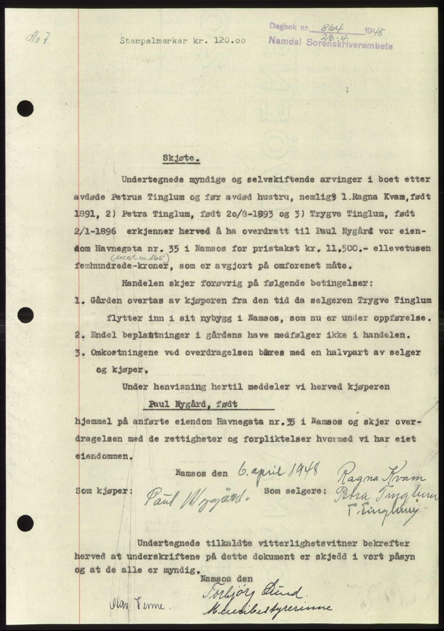 Namdal sorenskriveri, SAT/A-4133/1/2/2C: Mortgage book no. -, 1947-1948, Diary no: : 864/1948