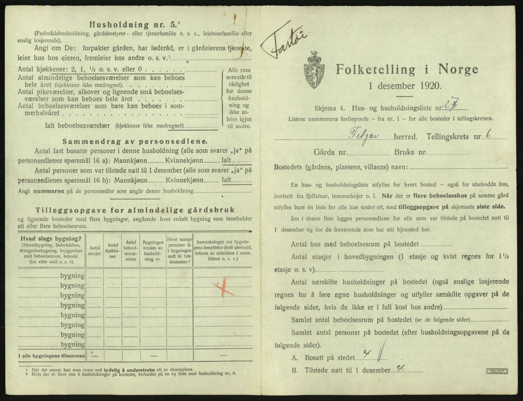 SAB, 1920 census for Fitjar, 1920, p. 407