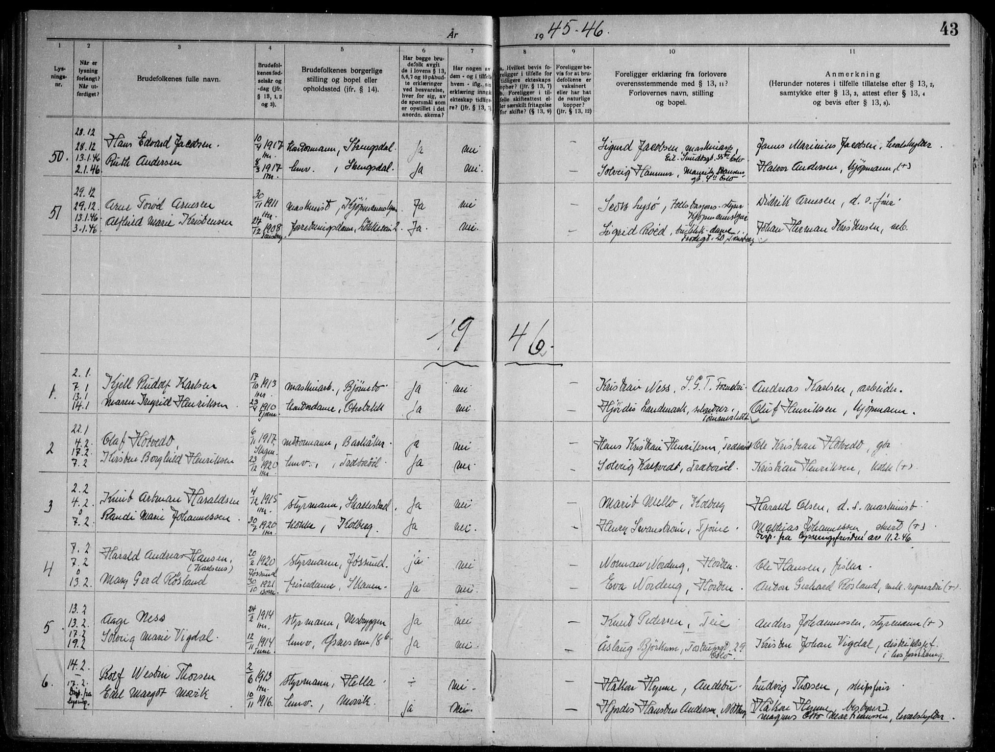 Nøtterøy kirkebøker, SAKO/A-354/H/Ha/L0002: Banns register no. 2, 1937-1952, p. 43