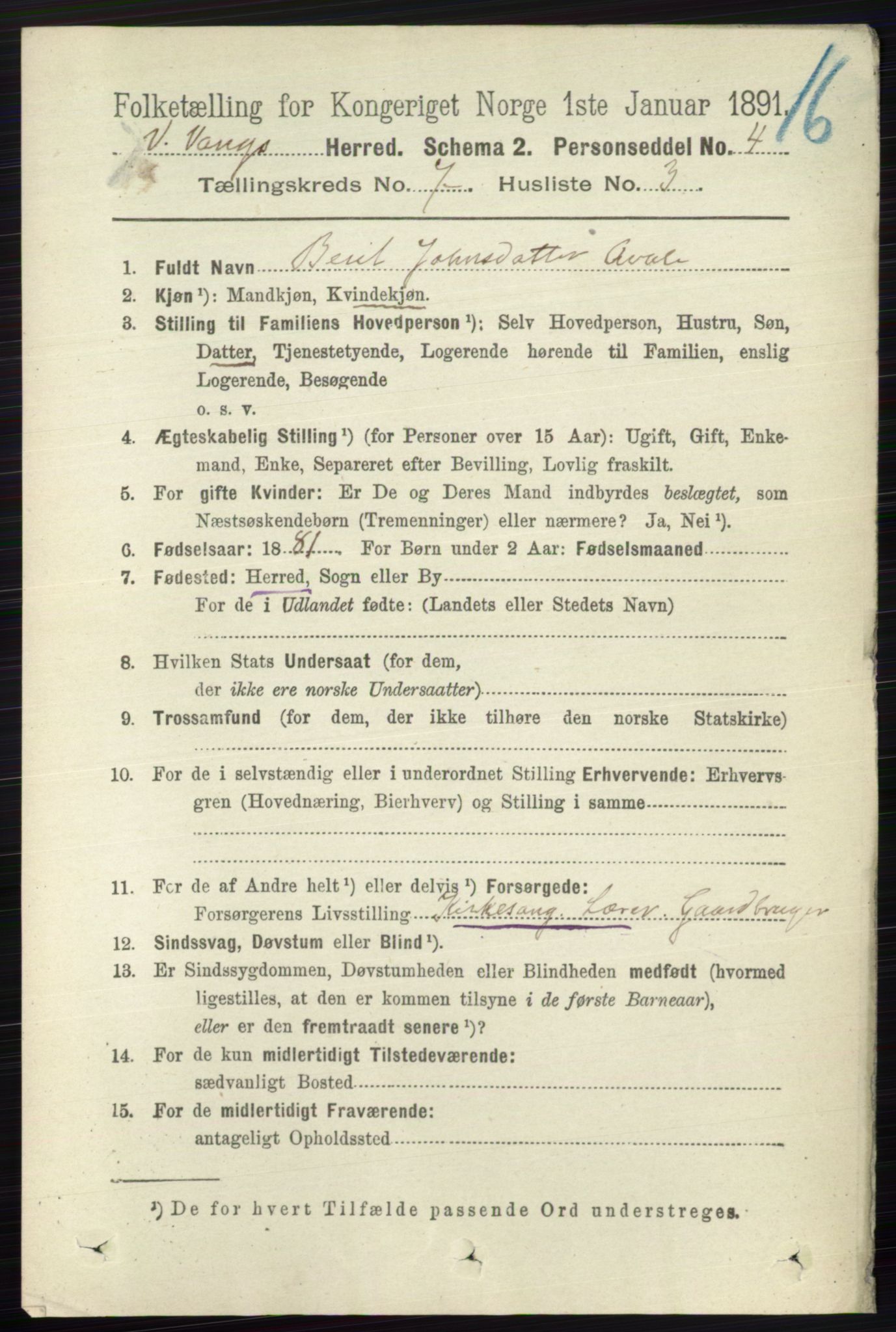RA, 1891 census for 0545 Vang, 1891, p. 1436