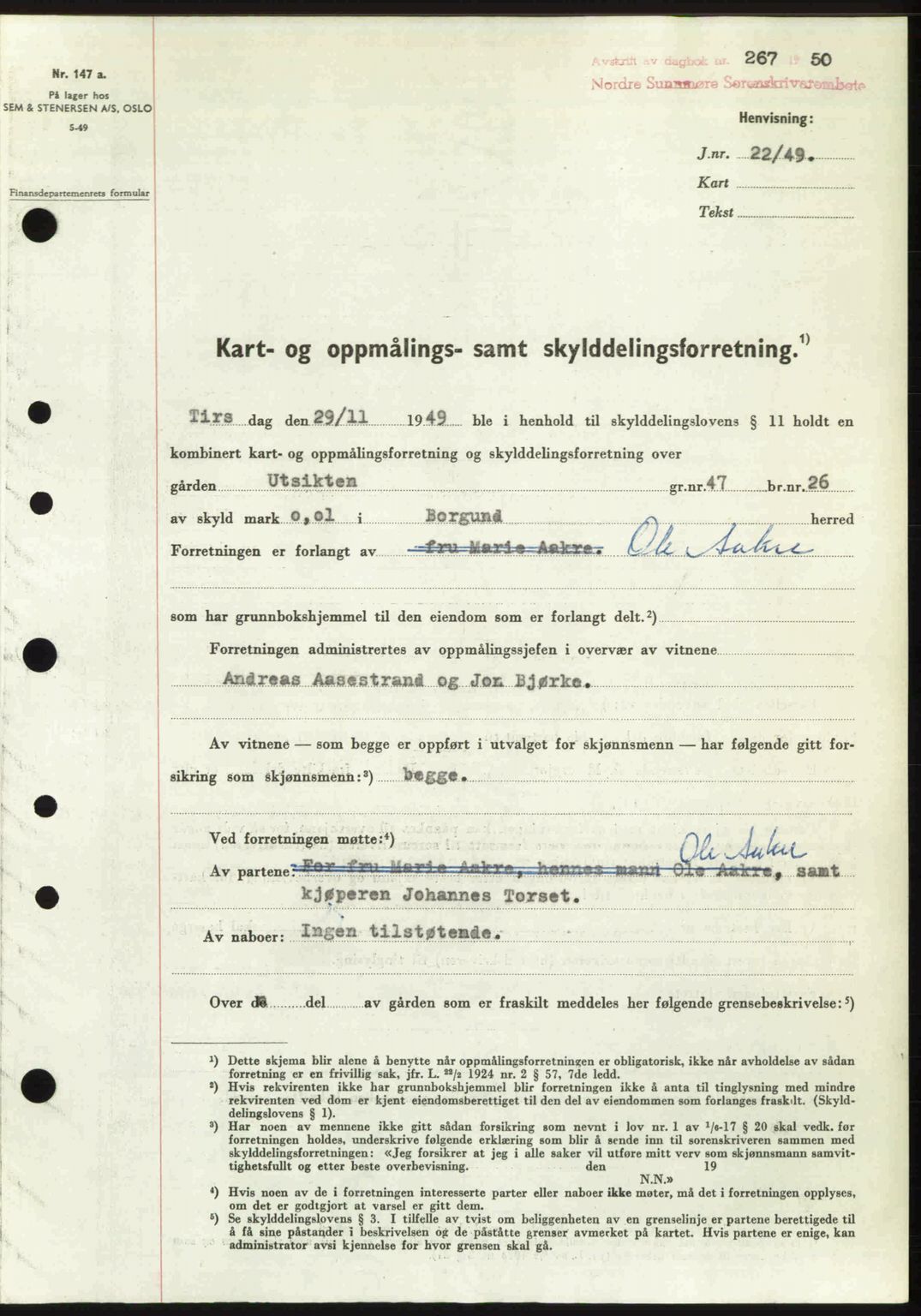 Nordre Sunnmøre sorenskriveri, AV/SAT-A-0006/1/2/2C/2Ca: Mortgage book no. A33, 1949-1950, Diary no: : 267/1950