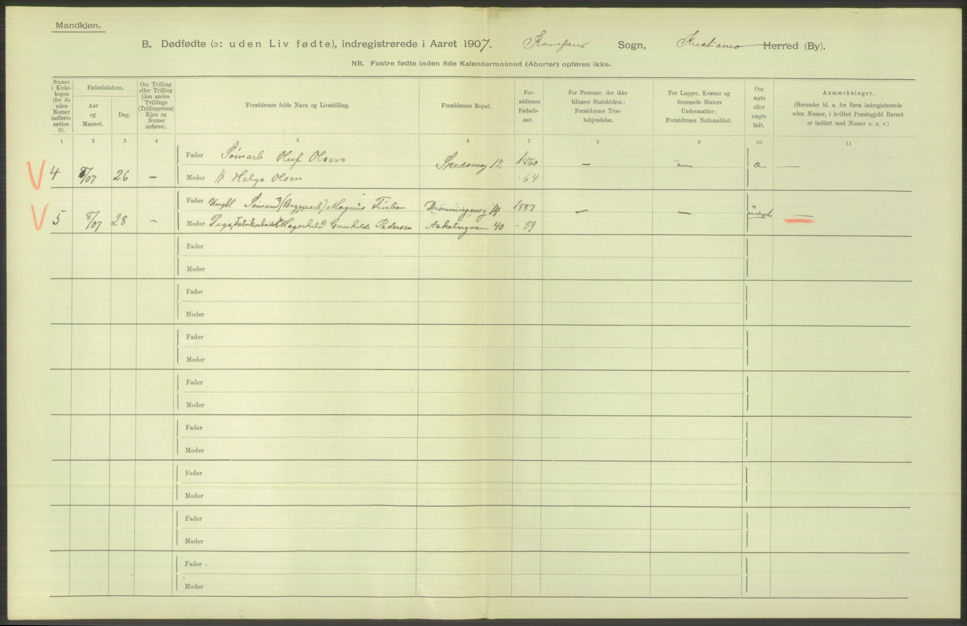 Statistisk sentralbyrå, Sosiodemografiske emner, Befolkning, RA/S-2228/D/Df/Dfa/Dfae/L0010: Kristiania: Døde, dødfødte, 1907, p. 96