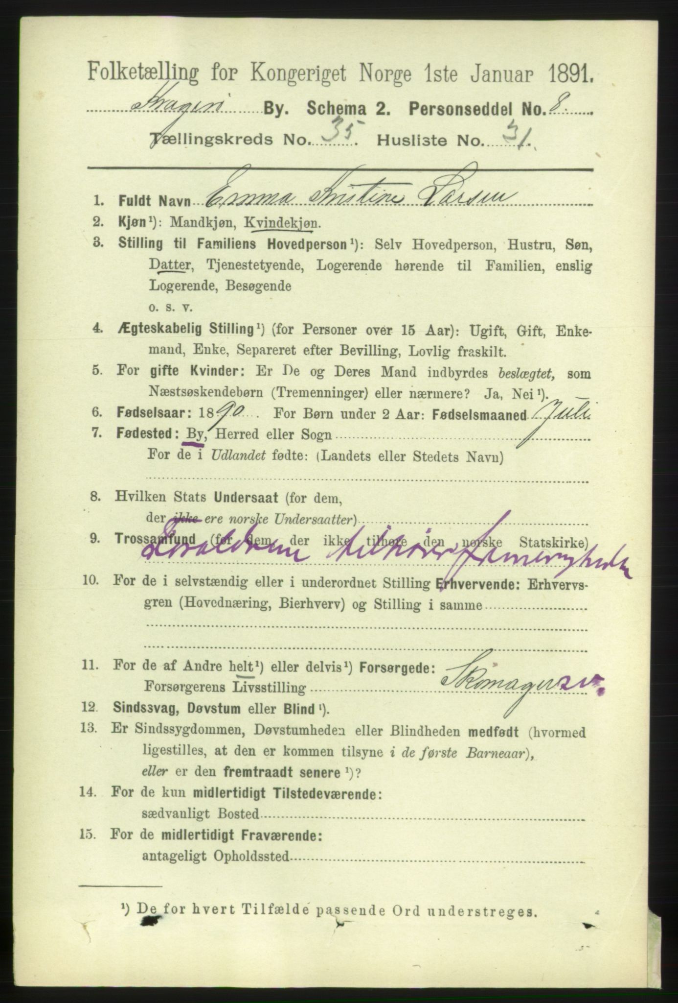 RA, 1891 census for 0801 Kragerø, 1891, p. 6455