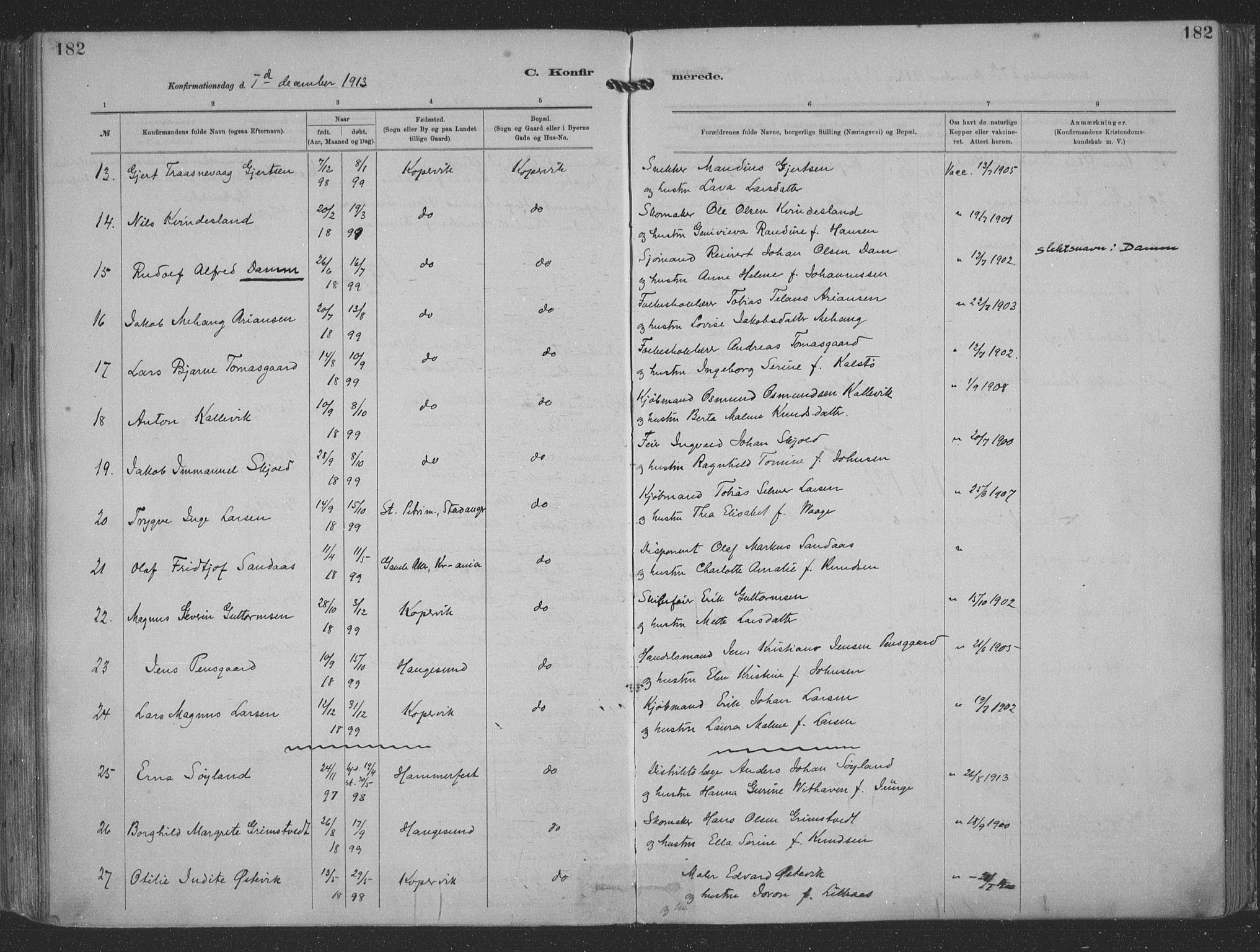 Kopervik sokneprestkontor, AV/SAST-A-101850/H/Ha/Haa/L0001: Parish register (official) no. A 1, 1880-1919, p. 182