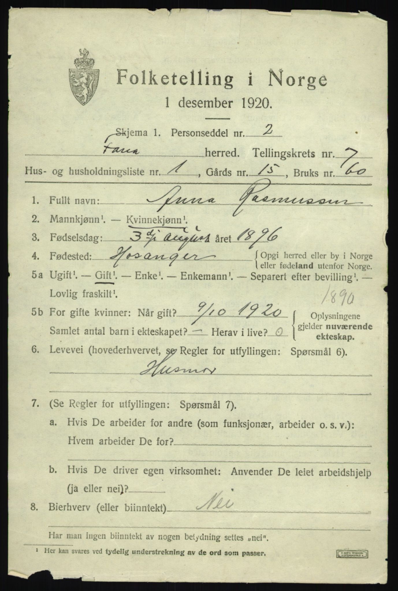 SAB, 1920 census for Fana, 1920, p. 12569