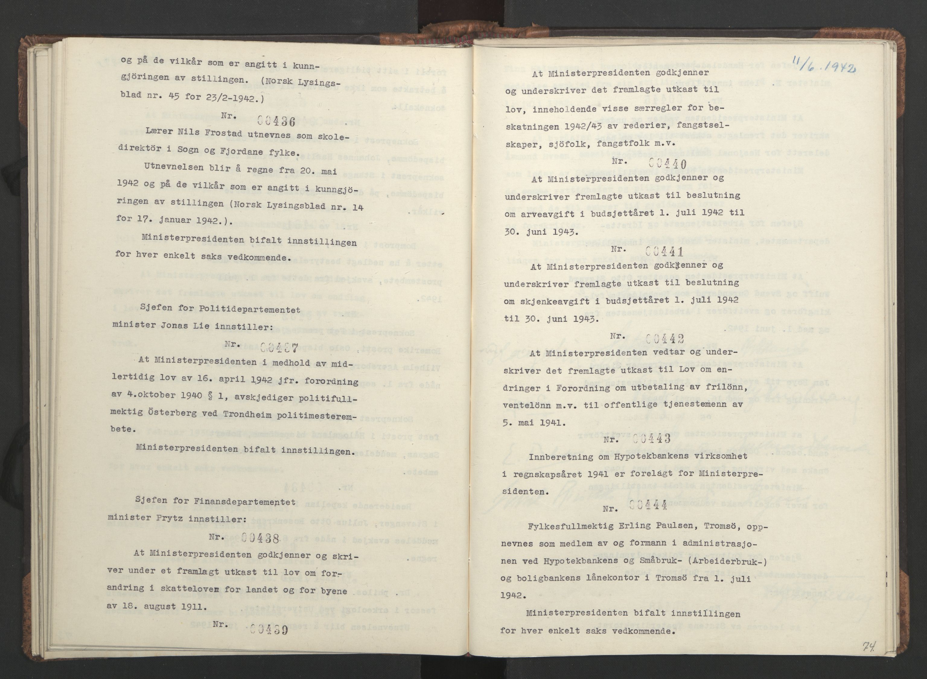 NS-administrasjonen 1940-1945 (Statsrådsekretariatet, de kommisariske statsråder mm), AV/RA-S-4279/D/Da/L0001: Beslutninger og tillegg (1-952 og 1-32), 1942, p. 77