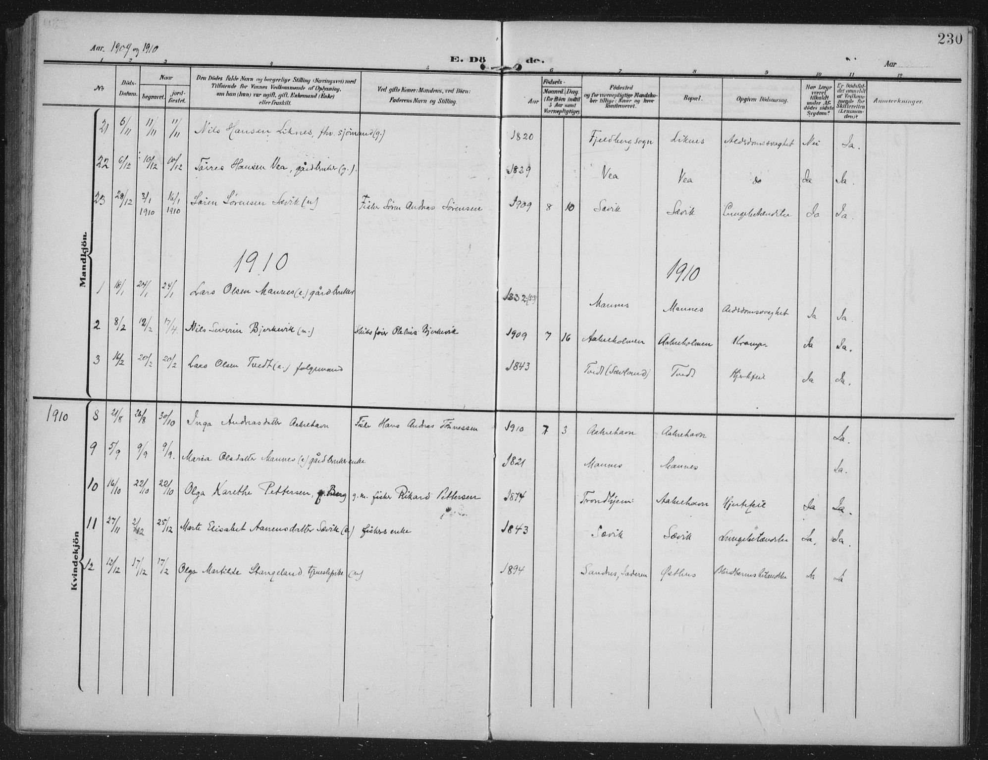 Kopervik sokneprestkontor, SAST/A-101850/H/Ha/Haa/L0005: Parish register (official) no. A 5, 1906-1924, p. 230