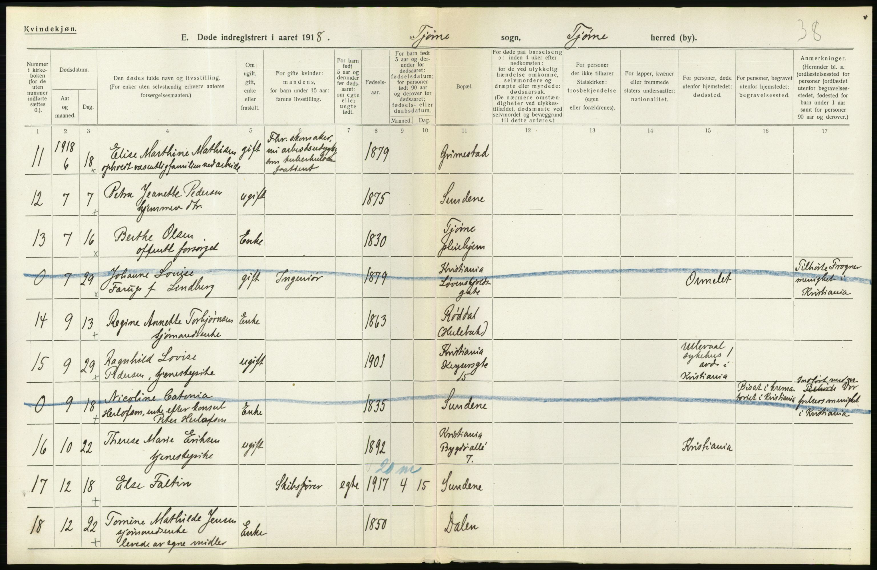 Statistisk sentralbyrå, Sosiodemografiske emner, Befolkning, RA/S-2228/D/Df/Dfb/Dfbh/L0023: Vestfold fylke: Døde. Bygder og byer., 1918, p. 298