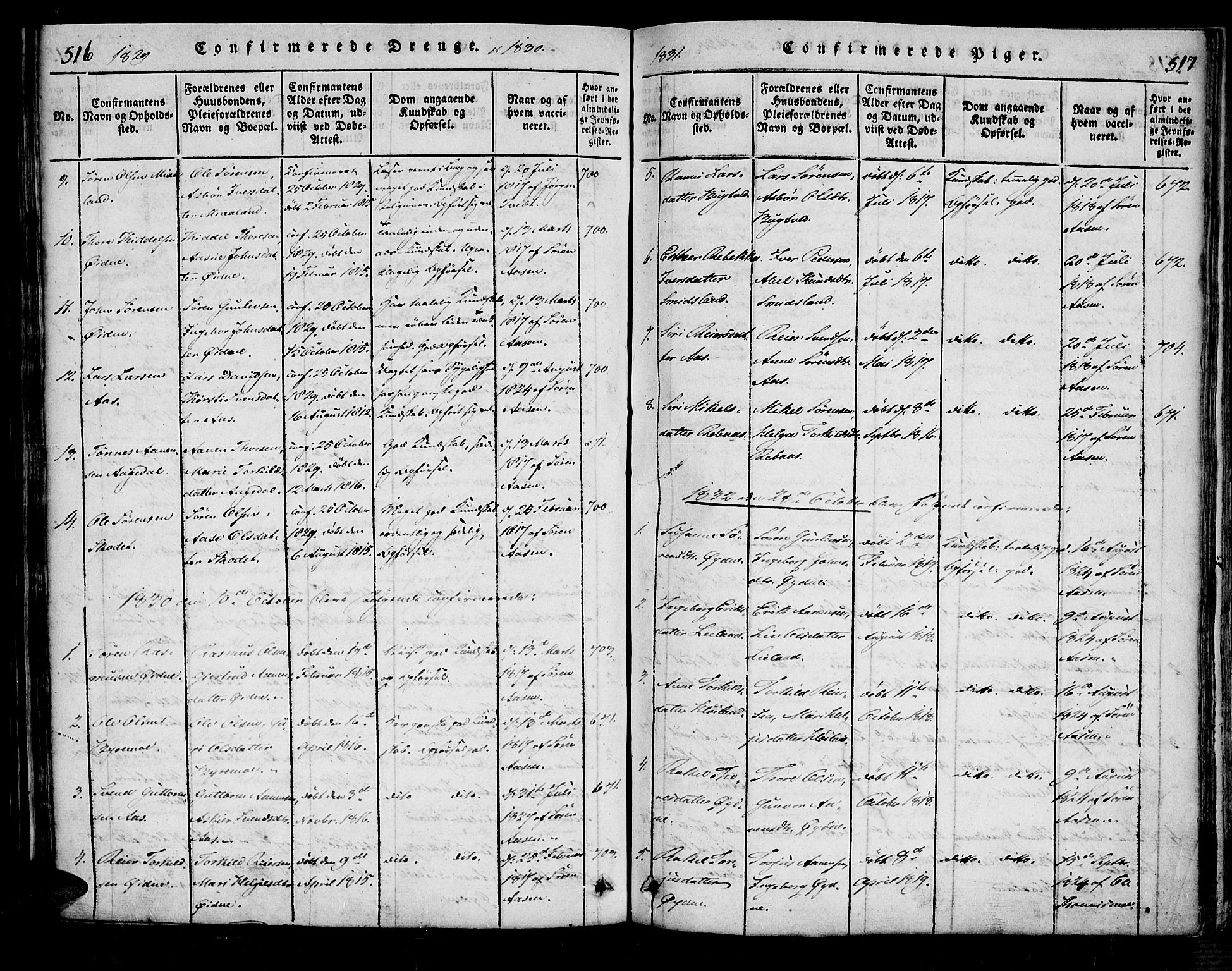Bjelland sokneprestkontor, SAK/1111-0005/F/Fa/Fac/L0001: Parish register (official) no. A 1, 1815-1866, p. 516-517