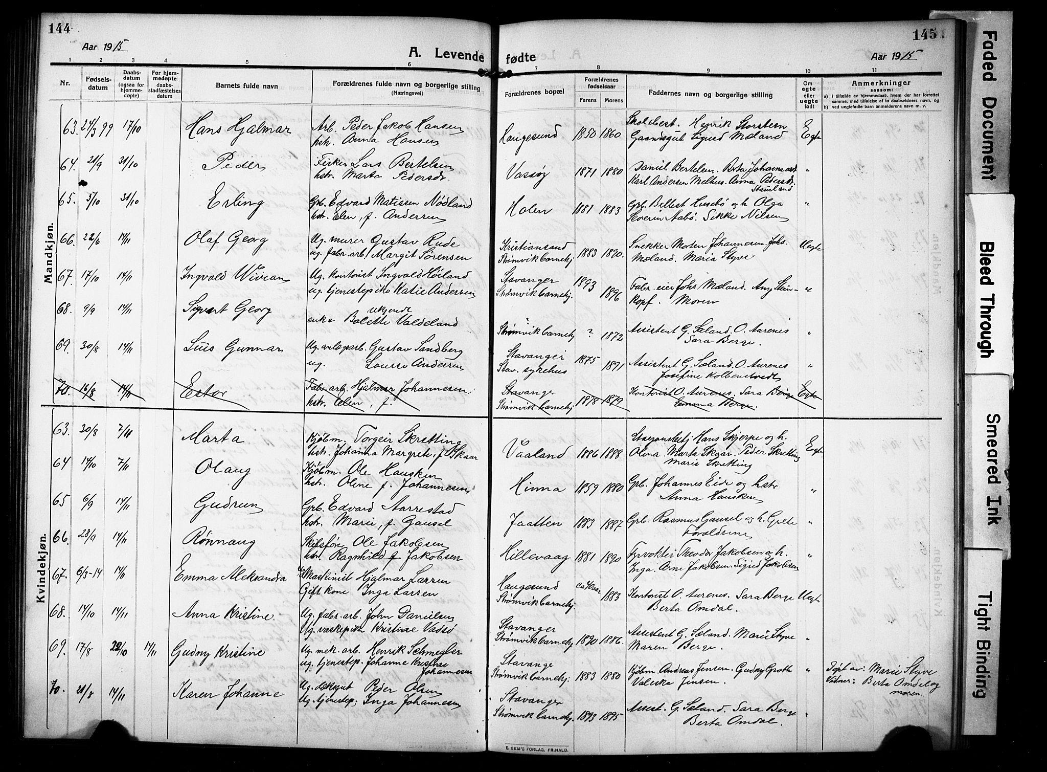 Hetland sokneprestkontor, SAST/A-101826/30/30BB/L0008: Parish register (copy) no. B 8, 1910-1921, p. 144-145