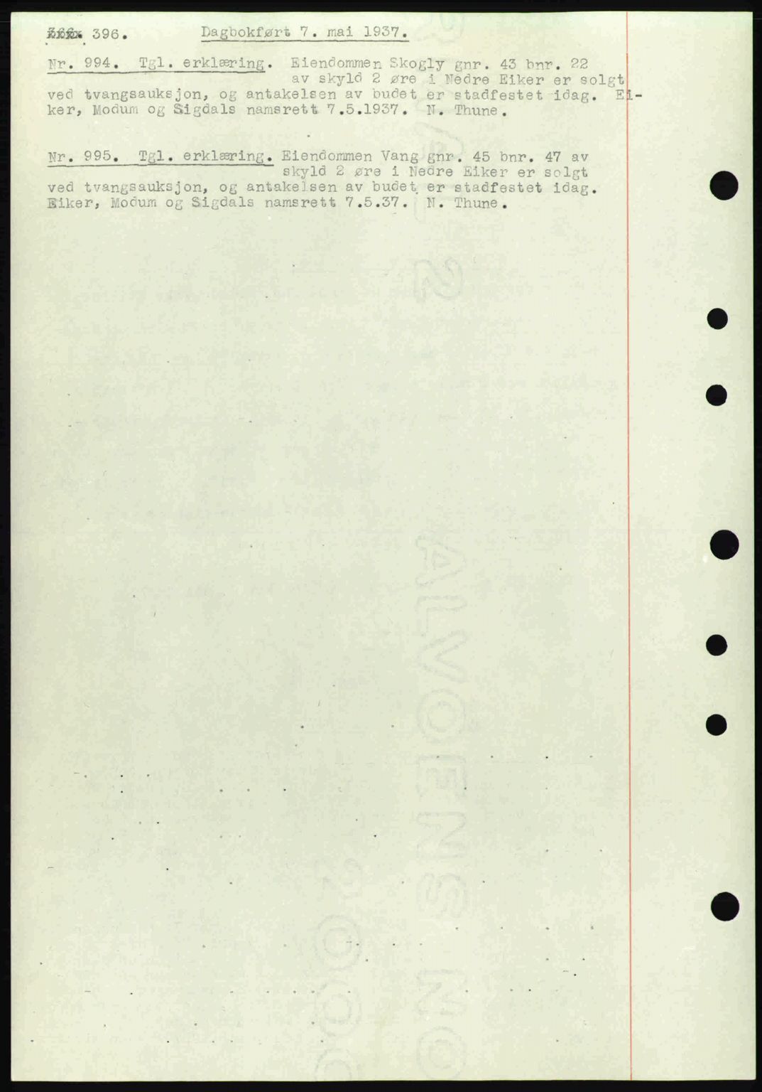 Eiker, Modum og Sigdal sorenskriveri, SAKO/A-123/G/Ga/Gab/L0035: Mortgage book no. A5, 1937-1937, Diary no: : 994/1937