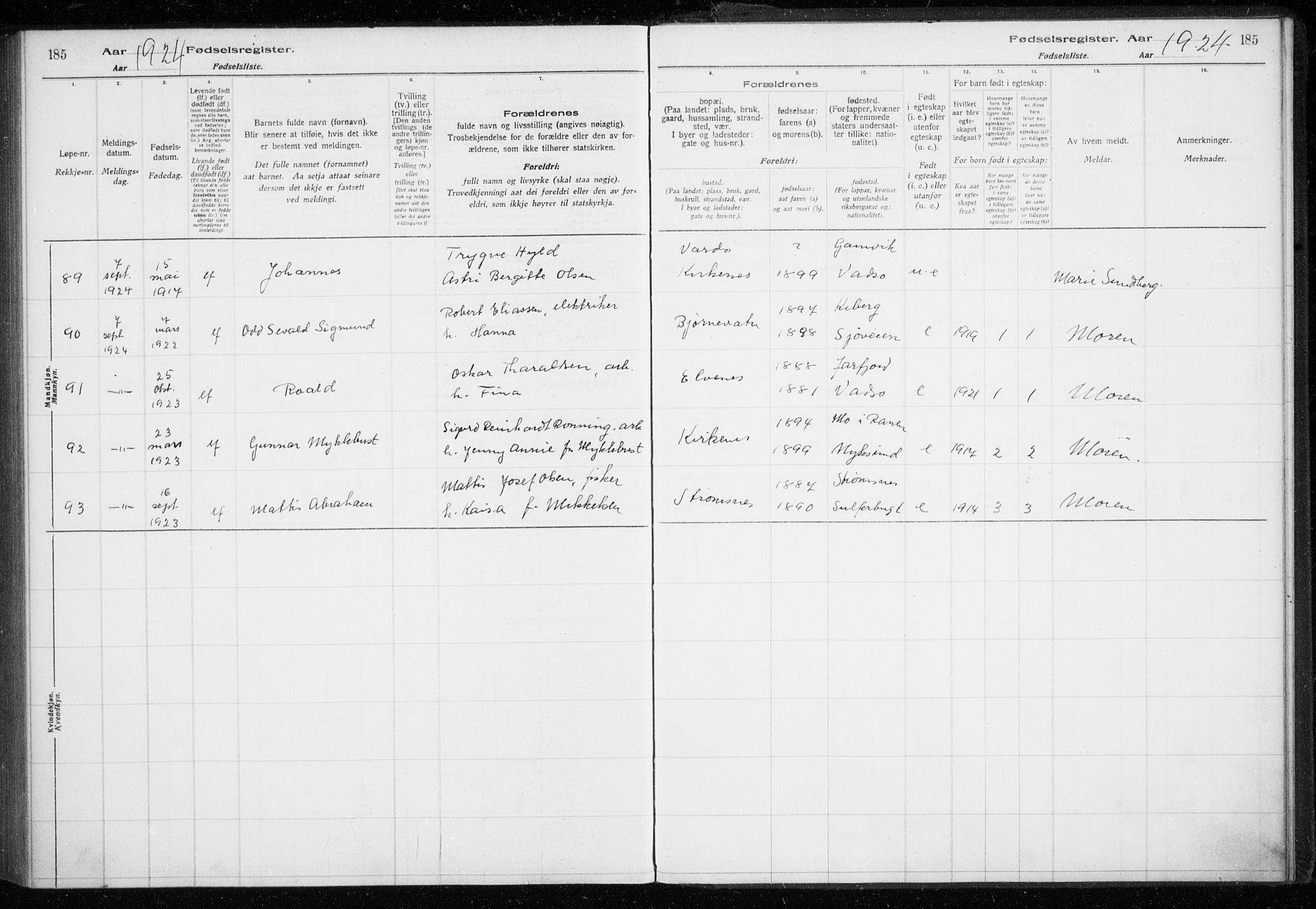 Sør-Varanger sokneprestkontor, AV/SATØ-S-1331/I/Ia/L0016: Birth register no. 16, 1915-1925, p. 185