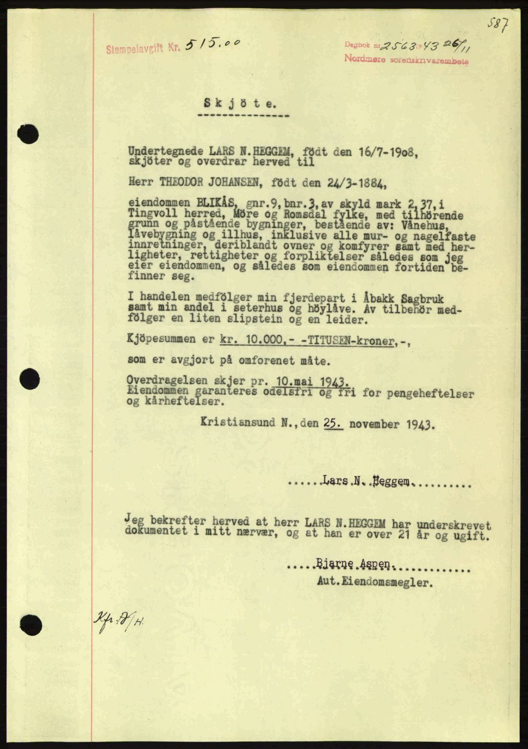 Nordmøre sorenskriveri, SAT/A-4132/1/2/2Ca: Mortgage book no. A96, 1943-1944, Diary no: : 2563/1943