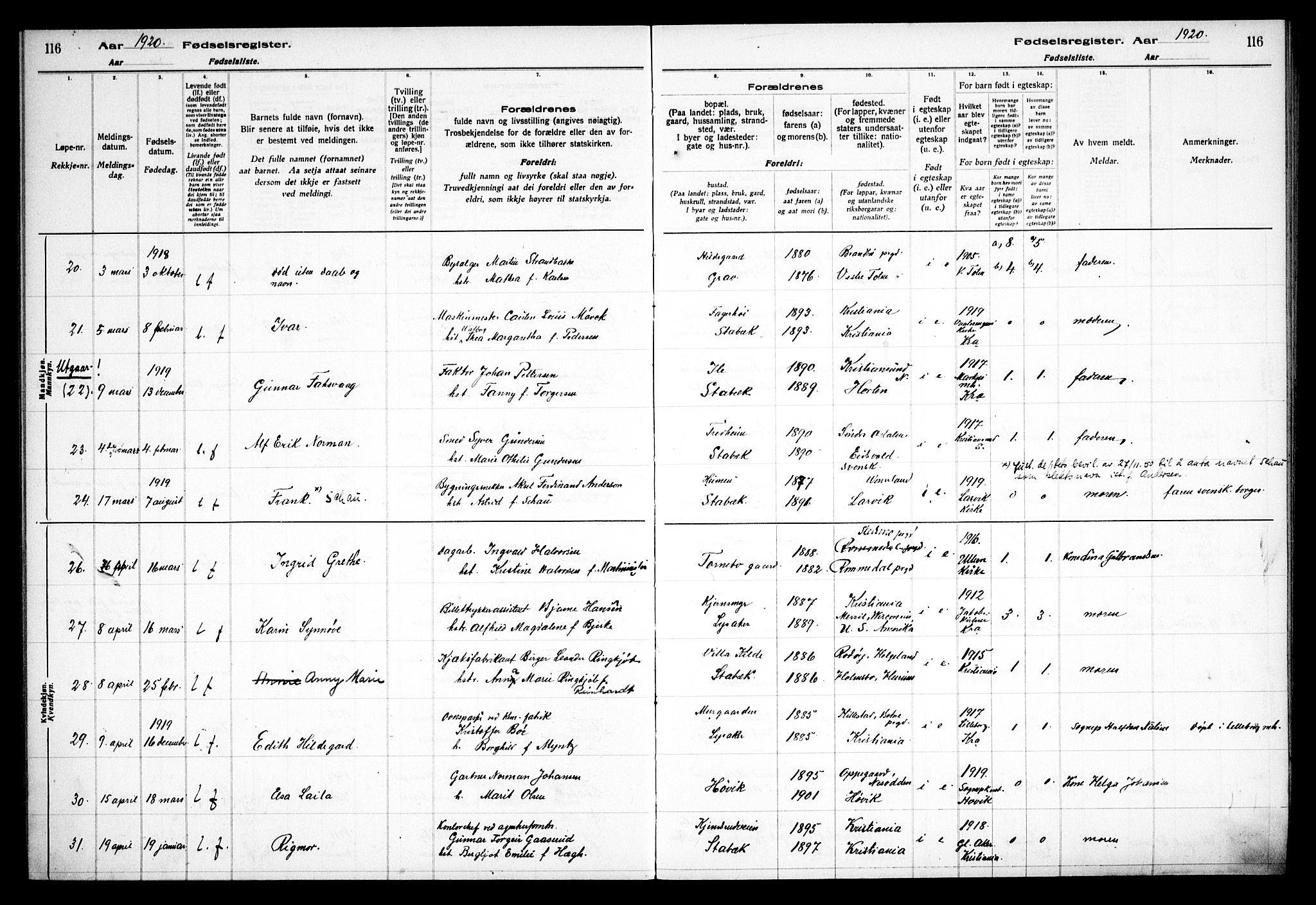 Østre Bærum prestekontor Kirkebøker, AV/SAO-A-10887/J/Ja/L0001: Birth register no. 1, 1916-1922, p. 116