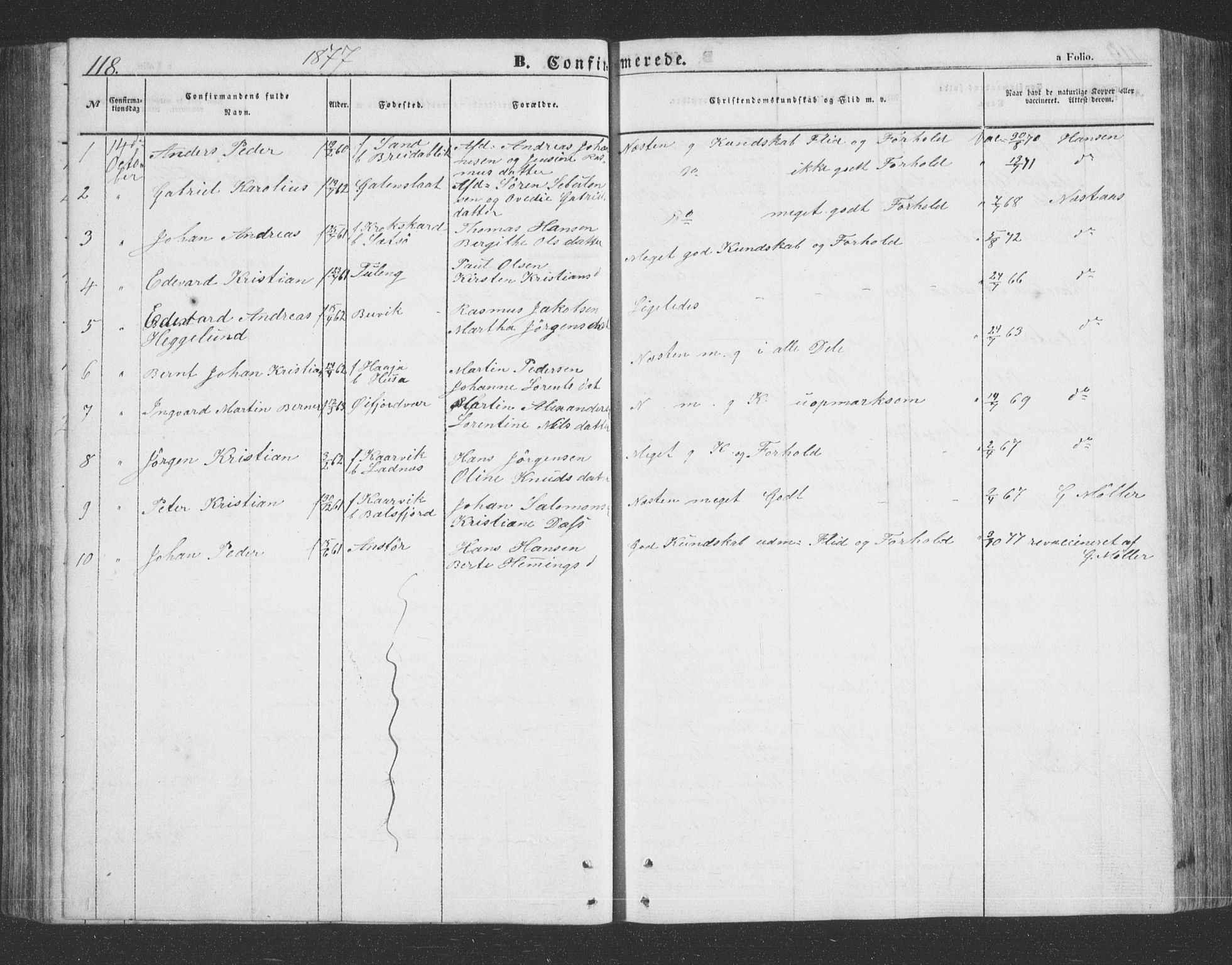 Lenvik sokneprestembete, AV/SATØ-S-1310/H/Ha/Hab/L0020klokker: Parish register (copy) no. 20, 1855-1883, p. 118