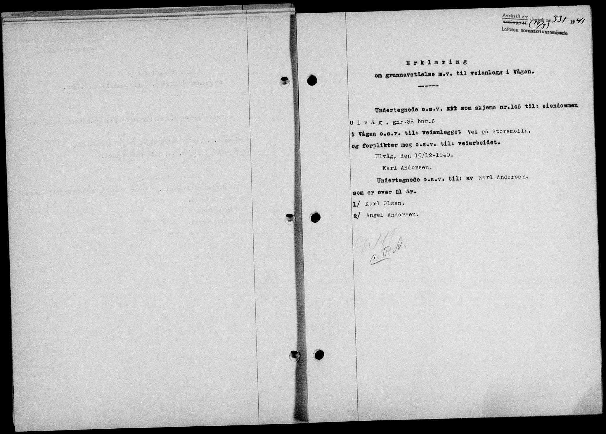 Lofoten sorenskriveri, SAT/A-0017/1/2/2C/L0008a: Mortgage book no. 8a, 1940-1941, Diary no: : 331/1941