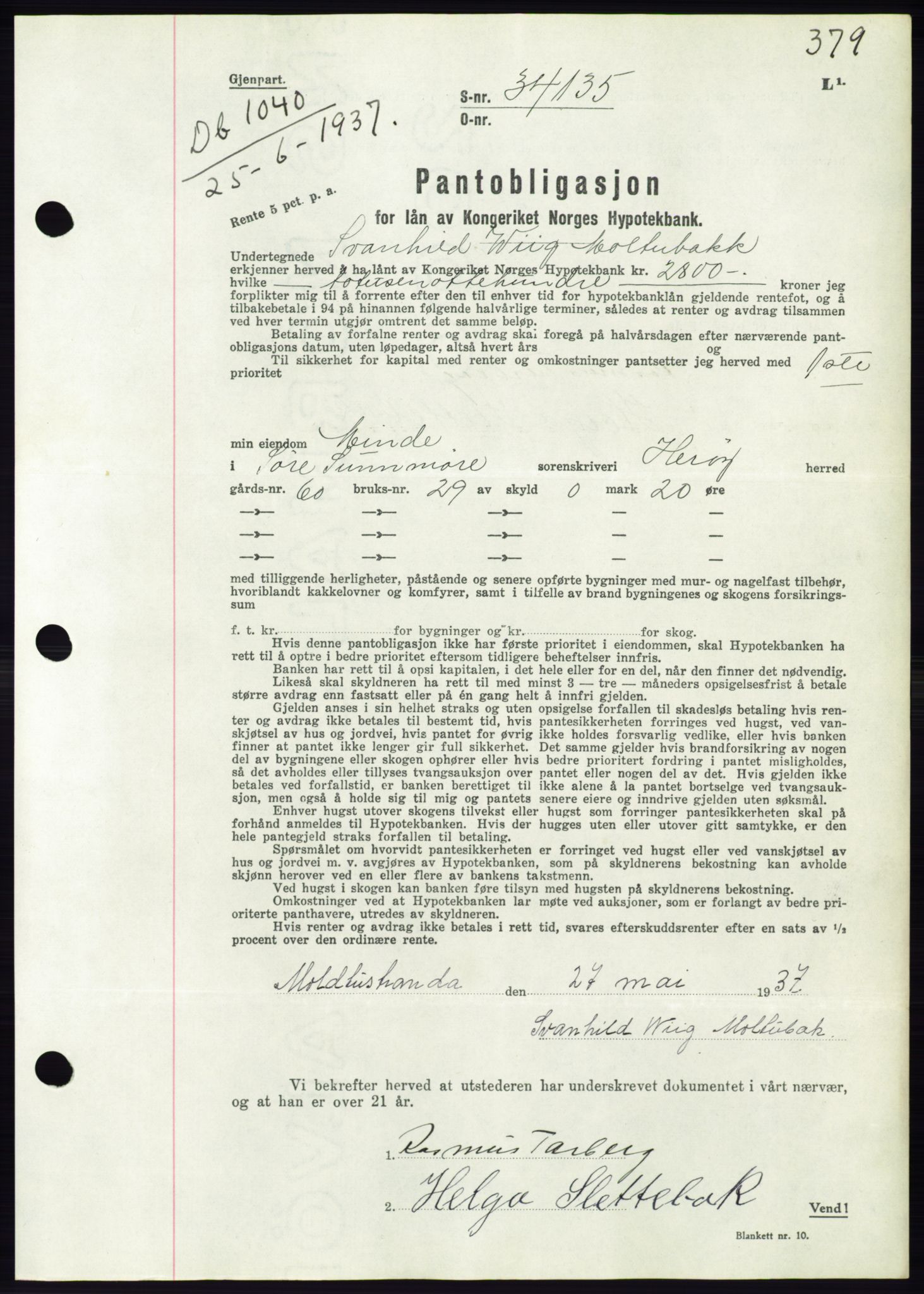 Søre Sunnmøre sorenskriveri, AV/SAT-A-4122/1/2/2C/L0063: Mortgage book no. 57, 1937-1937, Diary no: : 1040/1937