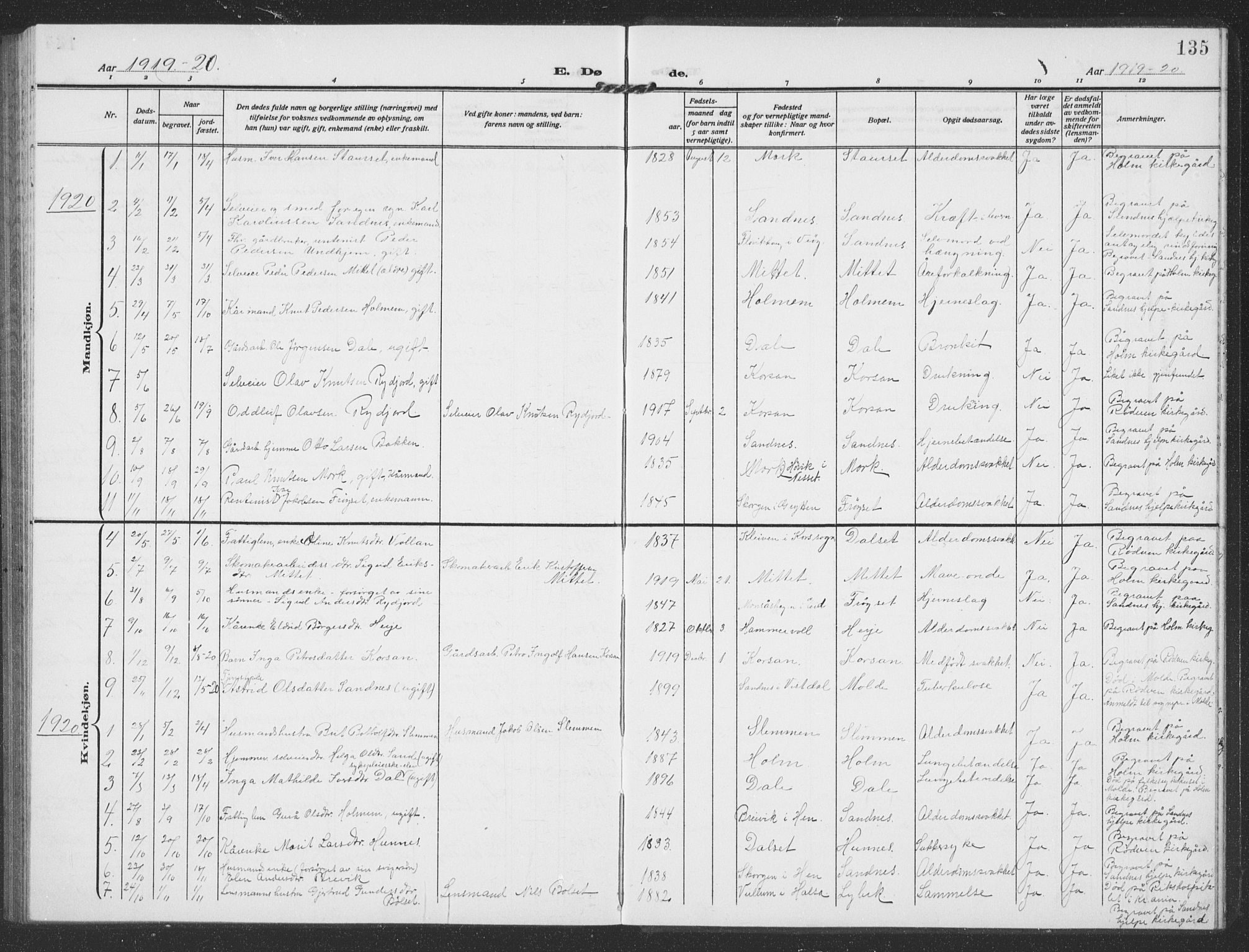Ministerialprotokoller, klokkerbøker og fødselsregistre - Møre og Romsdal, SAT/A-1454/549/L0615: Parish register (copy) no. 549C01, 1905-1932, p. 135
