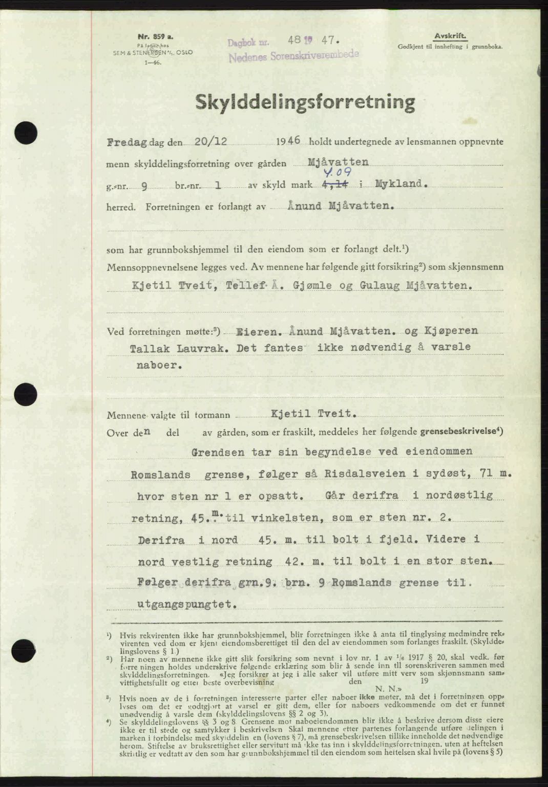 Nedenes sorenskriveri, SAK/1221-0006/G/Gb/Gba/L0056: Mortgage book no. A8, 1946-1947, Diary no: : 48/1947