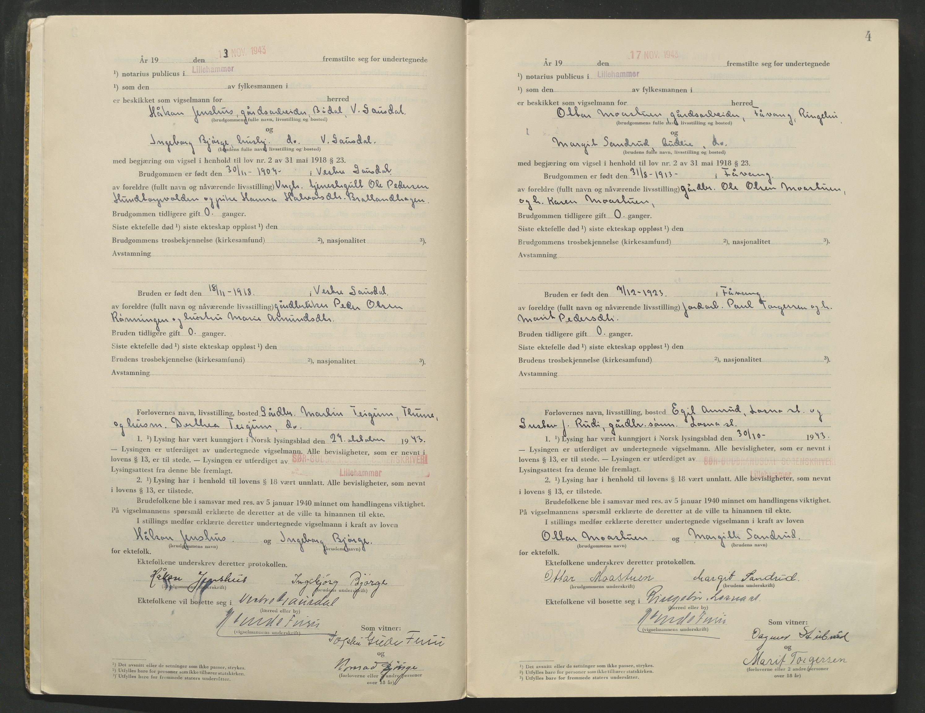 Sør-Gudbrandsdal tingrett, AV/SAH-TING-004/L/Lc/L0004: Vigselsprotokoll, 1943-1944, p. 4