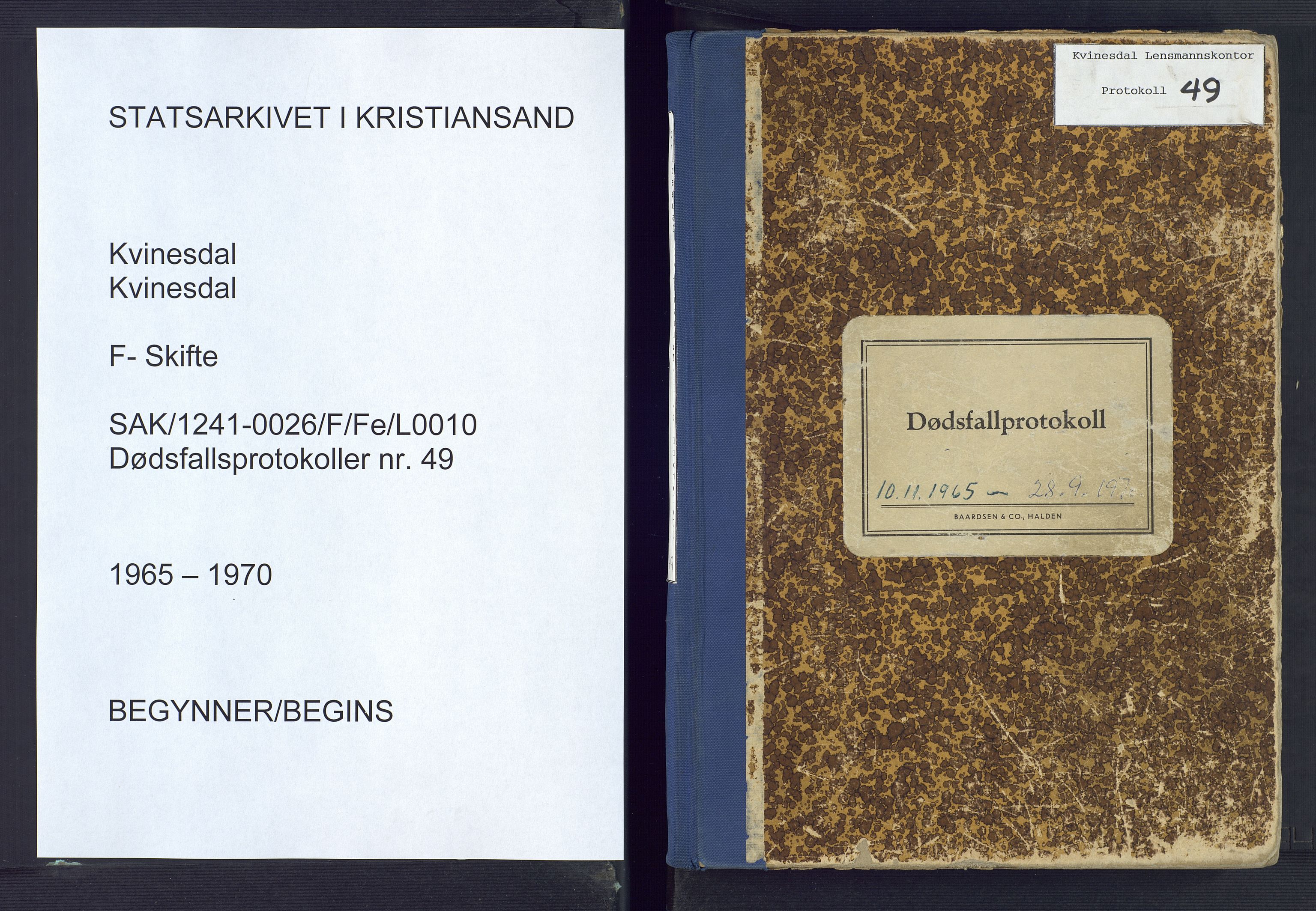 Kvinesdal lensmannskontor, AV/SAK-1241-0026/F/Fe/L0010: Dødsfallsprotokoll nr 49, 1965-1970
