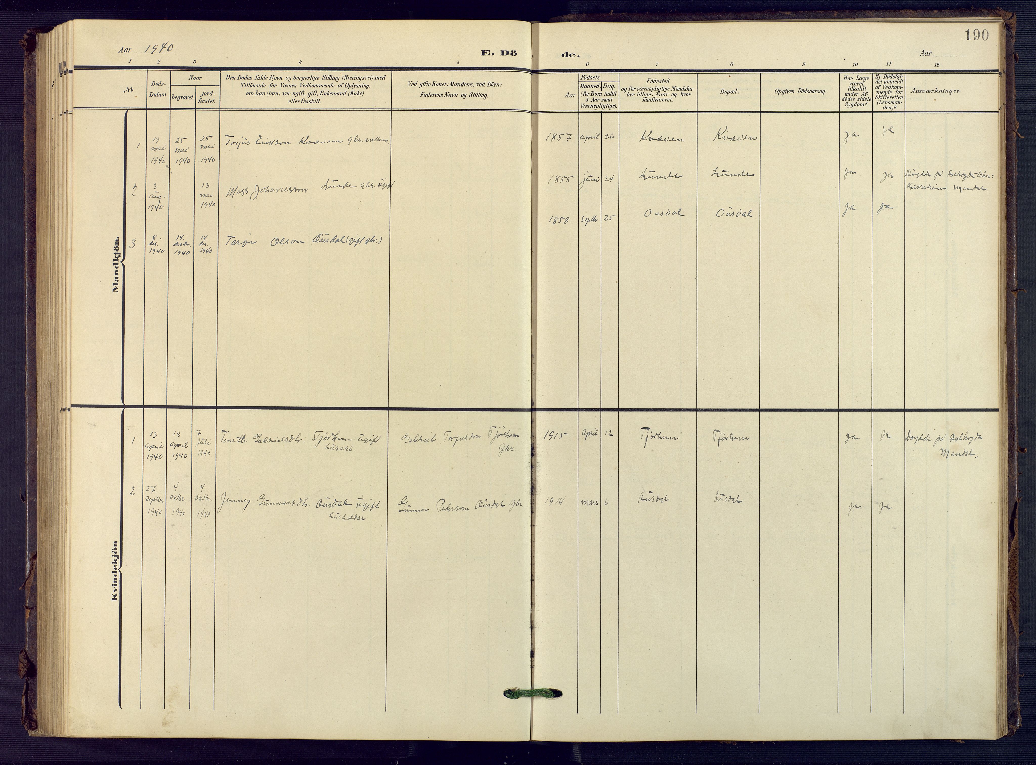 Sirdal sokneprestkontor, AV/SAK-1111-0036/F/Fb/Fba/L0002: Parish register (copy) no. B 2, 1905-1958, p. 190