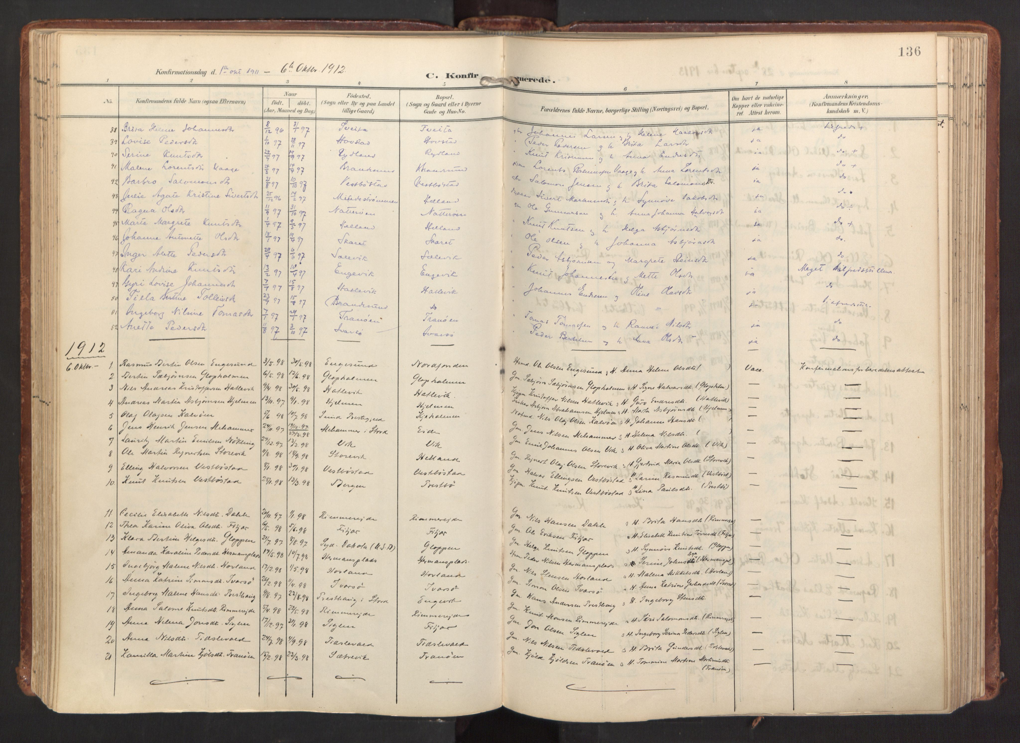 Fitjar sokneprestembete, SAB/A-99926: Parish register (official) no. A 3, 1900-1918, p. 136