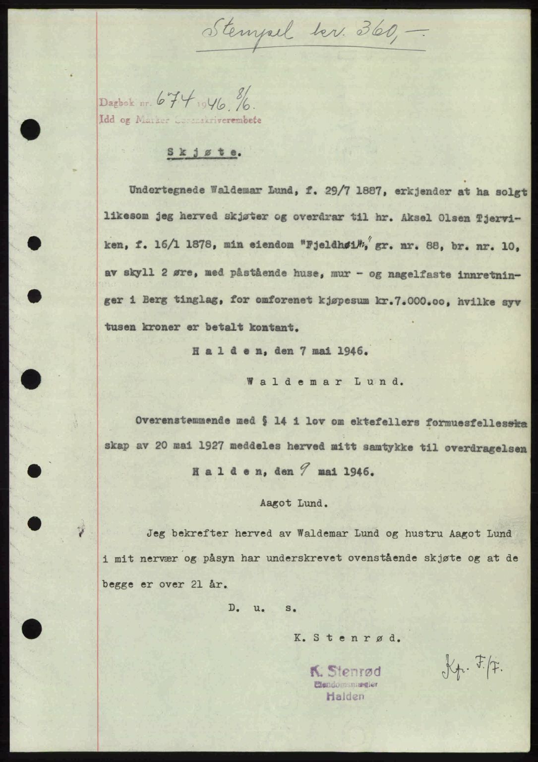 Idd og Marker sorenskriveri, AV/SAO-A-10283/G/Gb/Gbb/L0008: Mortgage book no. A8, 1946-1946, Diary no: : 674/1946