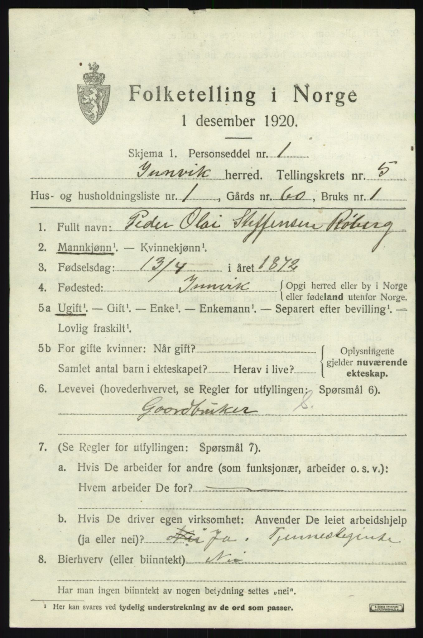 SAB, 1920 census for Innvik, 1920, p. 2729