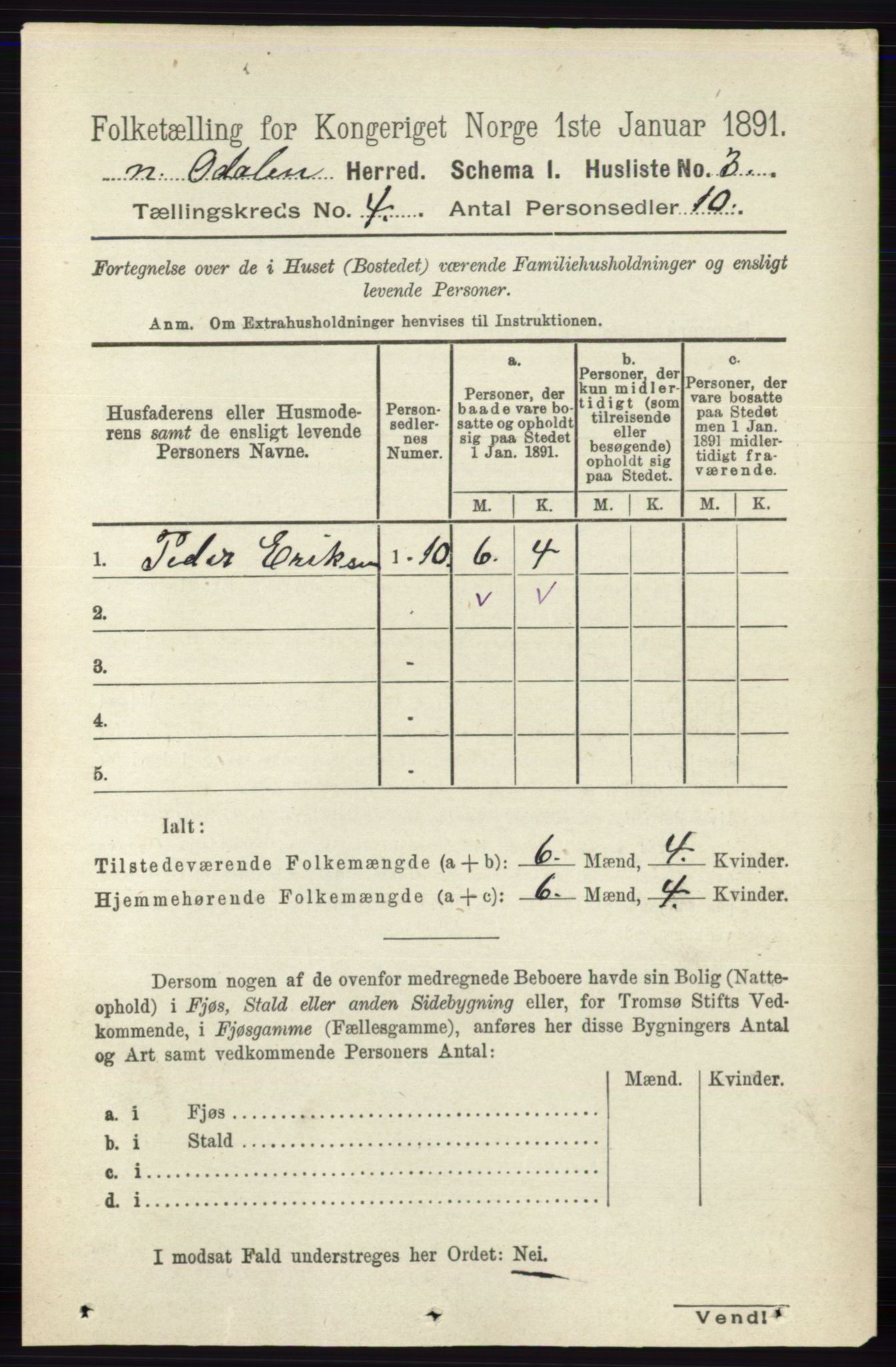 RA, 1891 census for 0418 Nord-Odal, 1891, p. 1232