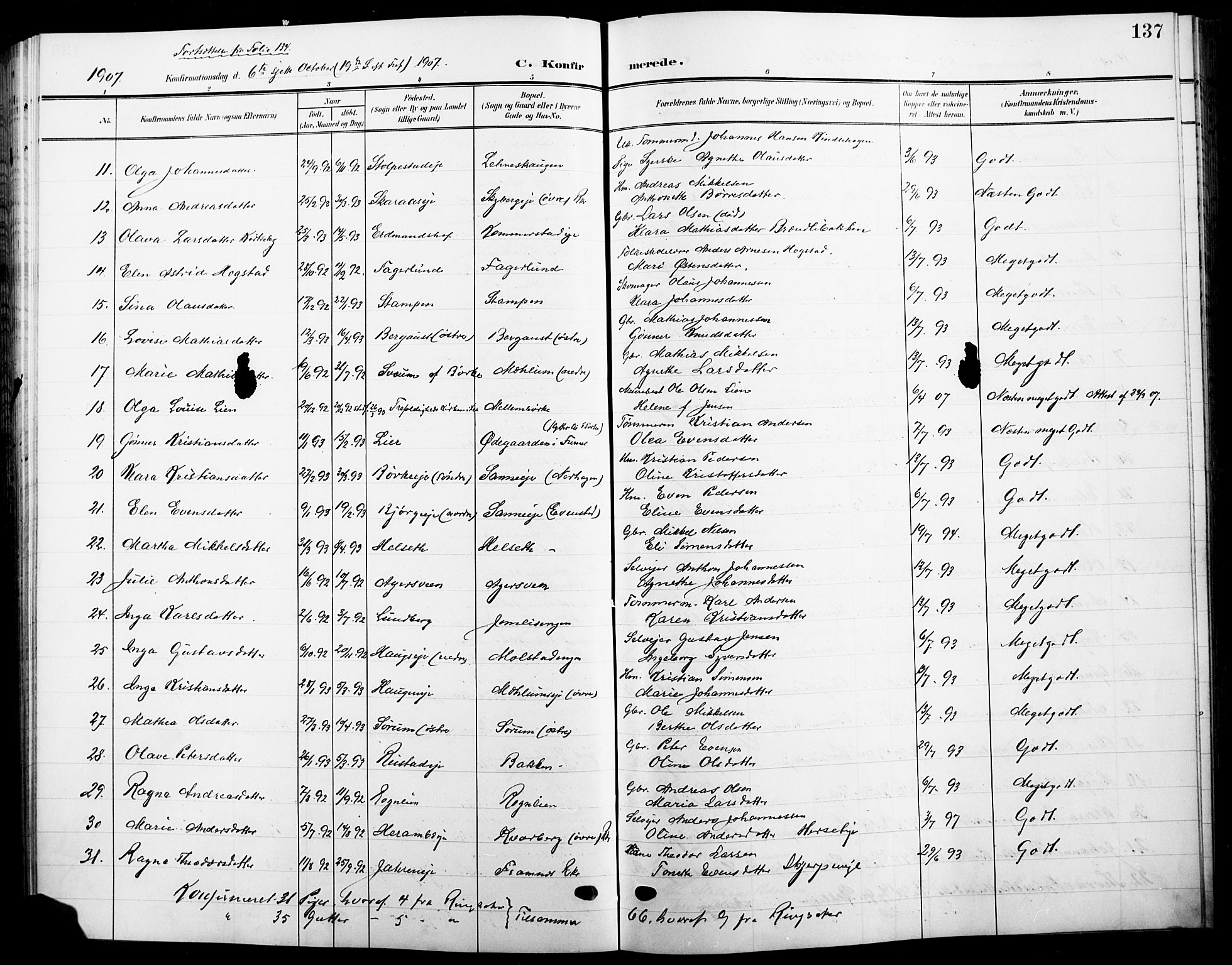 Ringsaker prestekontor, SAH/PREST-014/L/La/L0017: Parish register (copy) no. 17, 1905-1920, p. 137