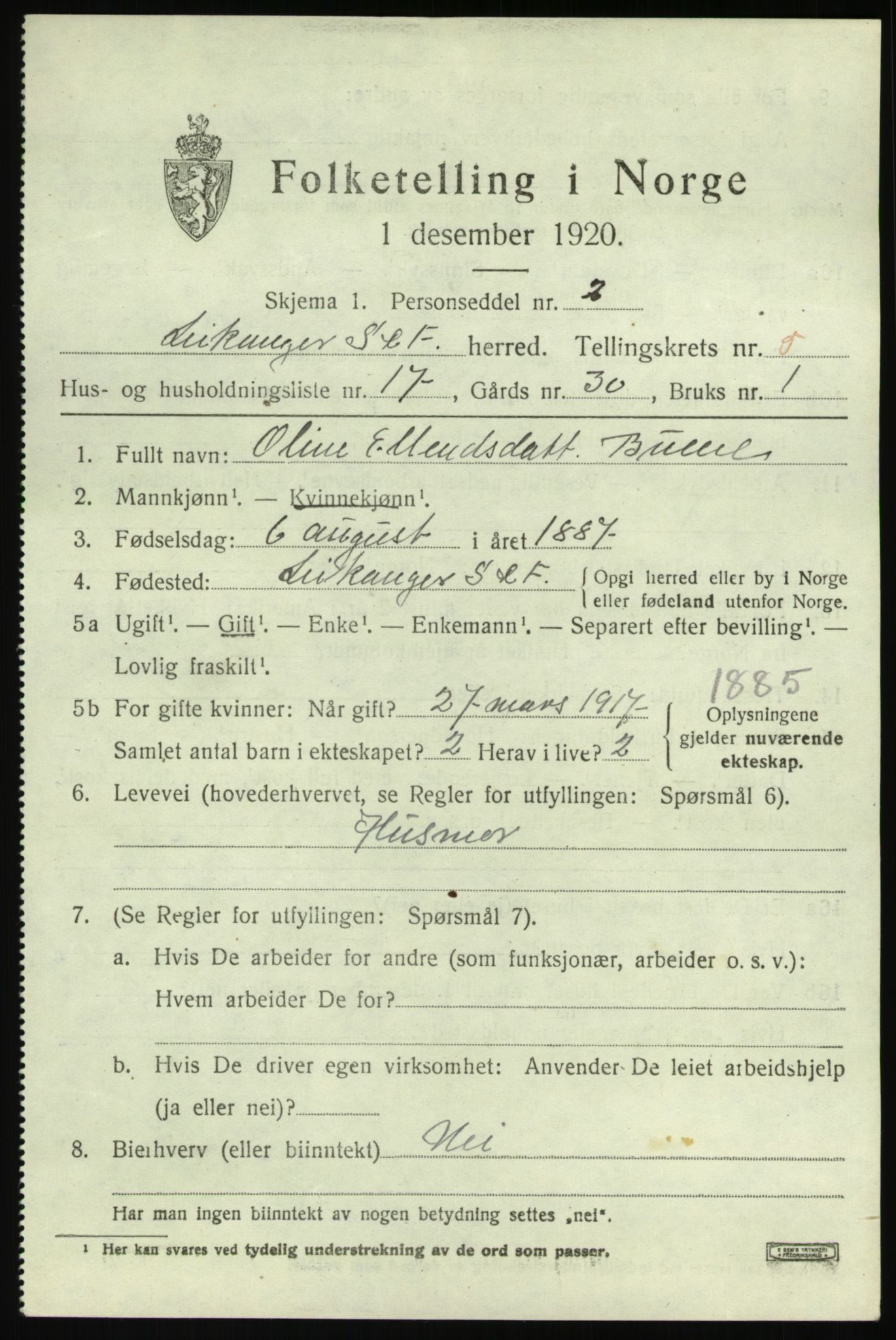 SAB, 1920 census for Leikanger, 1920, p. 3796