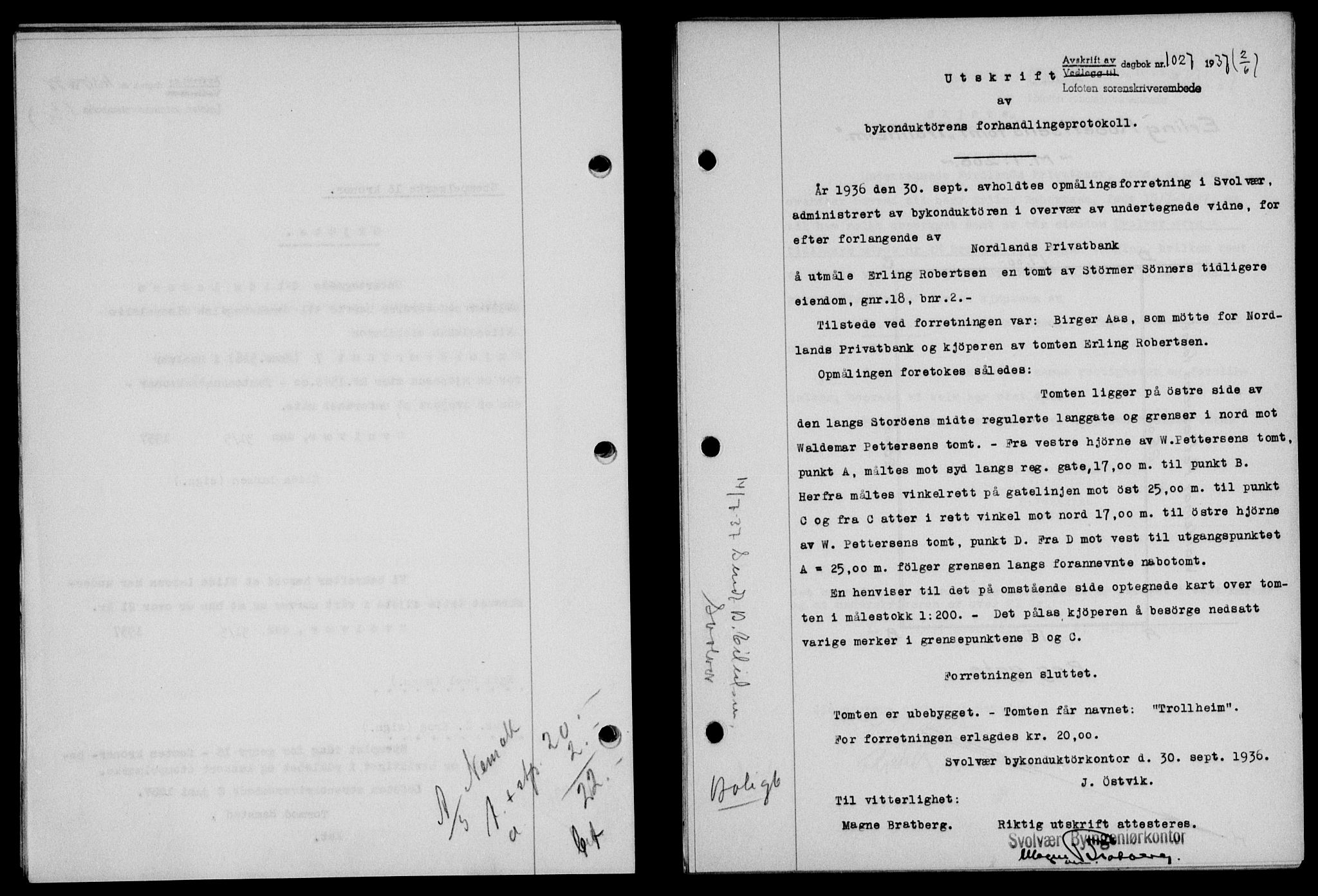 Lofoten sorenskriveri, SAT/A-0017/1/2/2C/L0002a: Mortgage book no. 2a, 1937-1937, Diary no: : 1027/1937