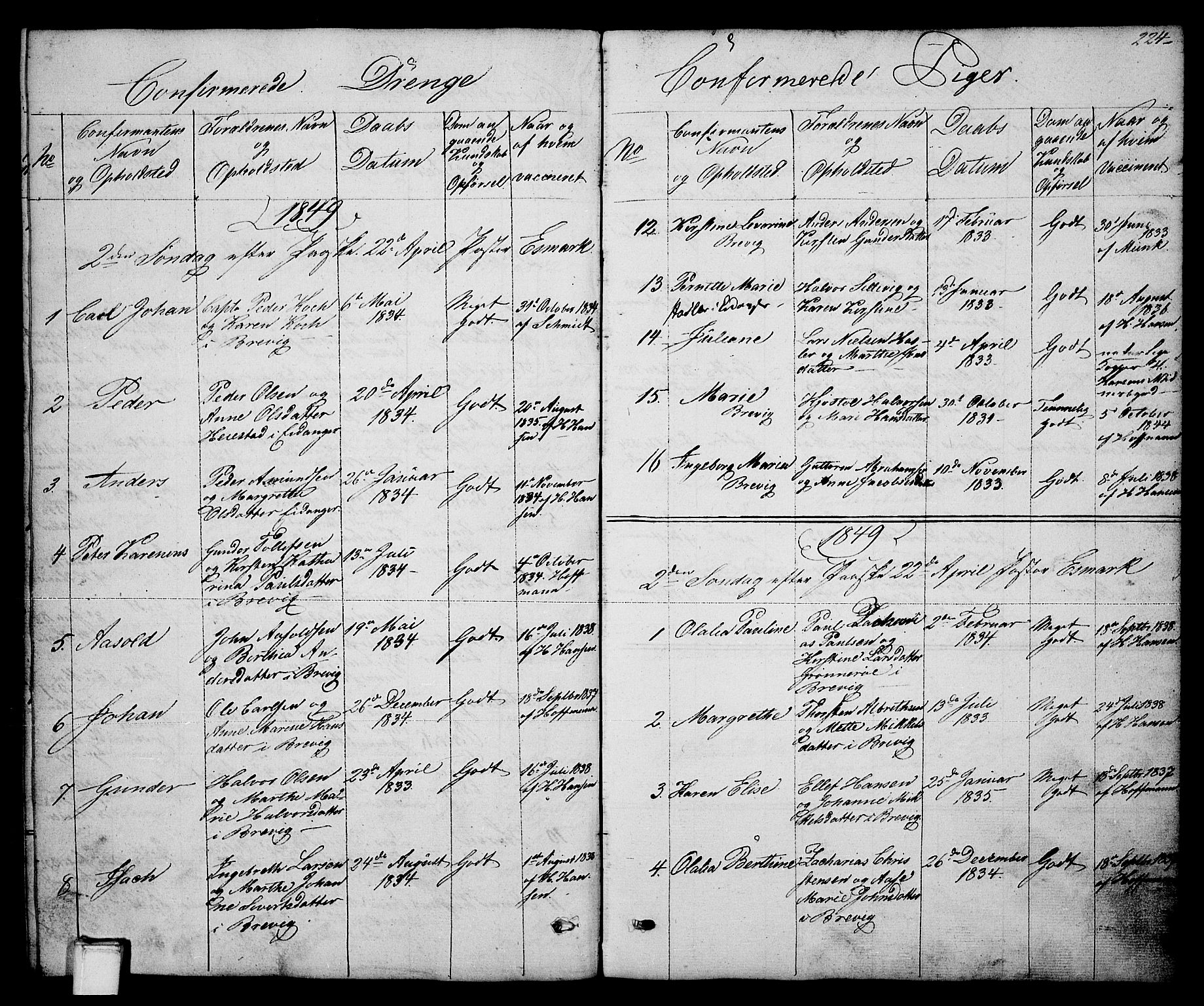 Brevik kirkebøker, SAKO/A-255/G/Ga/L0002: Parish register (copy) no. 2, 1846-1865, p. 224