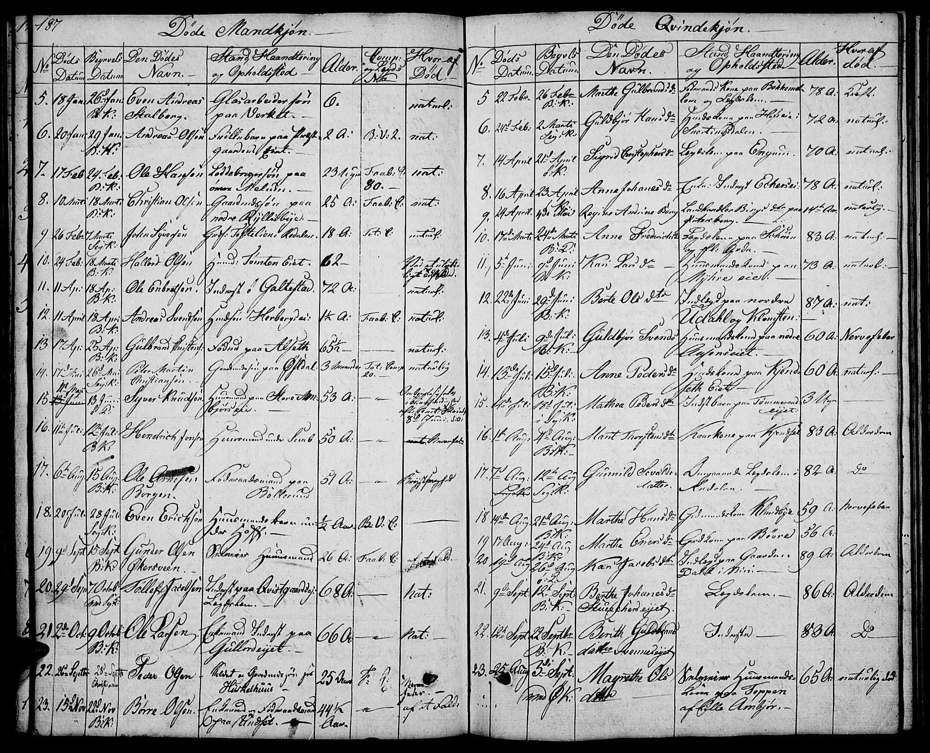 Biri prestekontor, SAH/PREST-096/H/Ha/Hab/L0002: Parish register (copy) no. 2, 1828-1842, p. 187