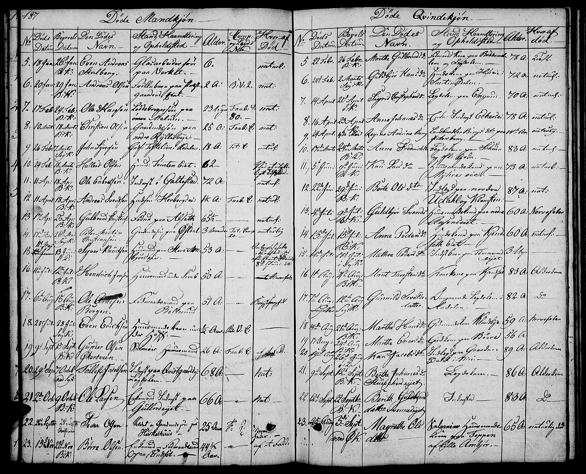 Biri prestekontor, AV/SAH-PREST-096/H/Ha/Hab/L0002: Parish register (copy) no. 2, 1828-1842, p. 187