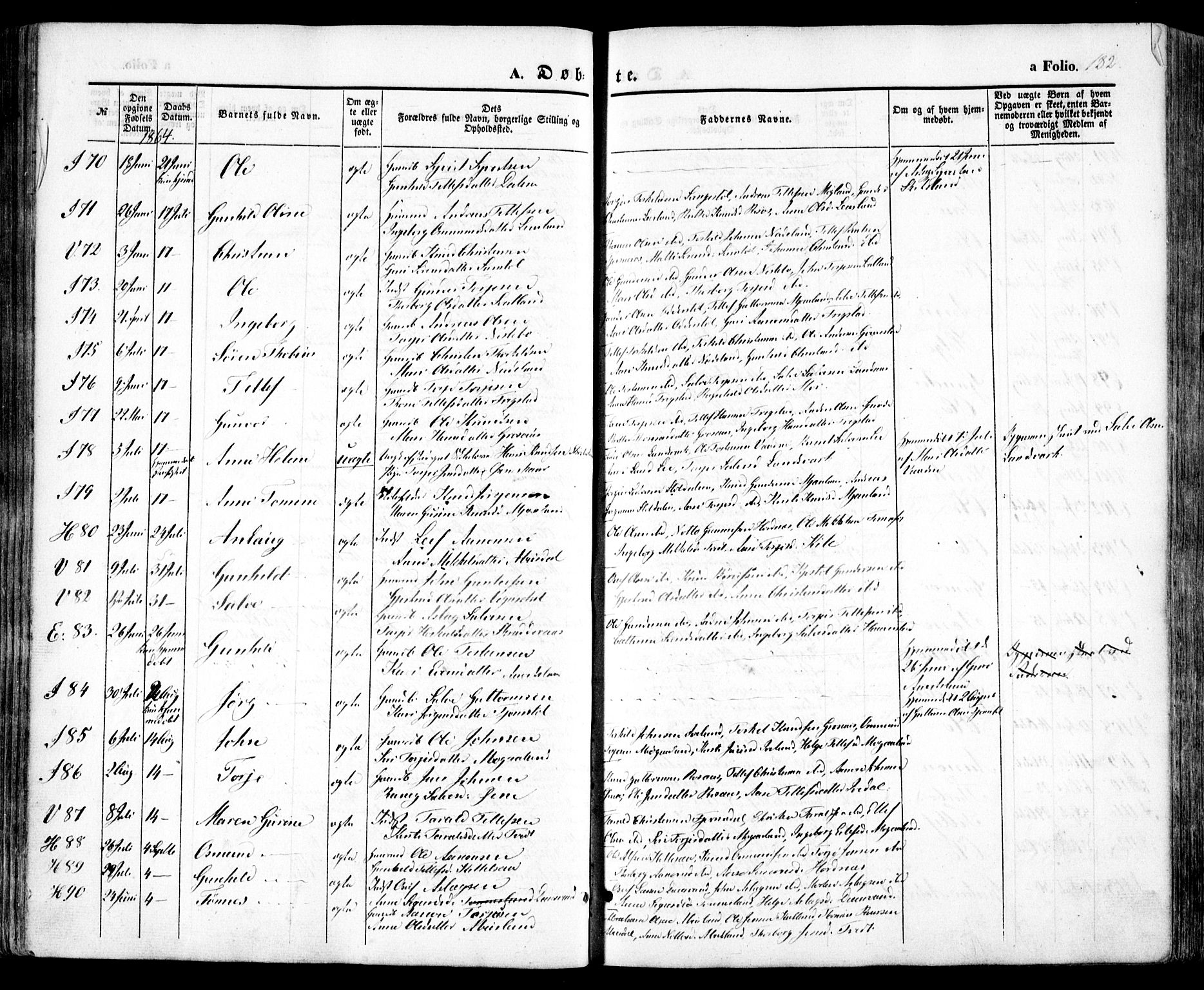 Evje sokneprestkontor, SAK/1111-0008/F/Fa/Faa/L0005: Parish register (official) no. A 5, 1843-1865, p. 182