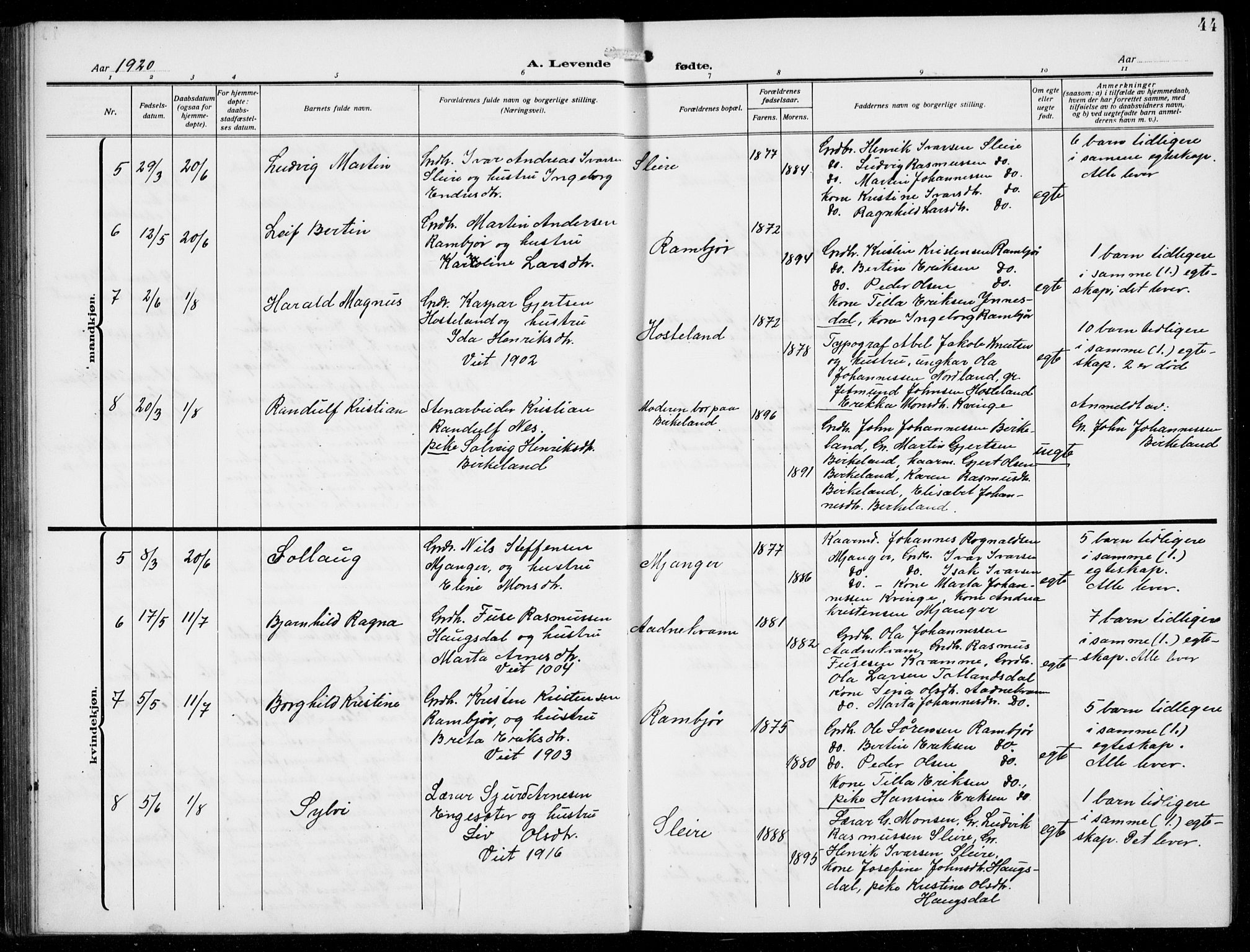 Masfjorden sokneprestembete, AV/SAB-A-77001: Parish register (copy) no. B  2, 1912-1939, p. 44