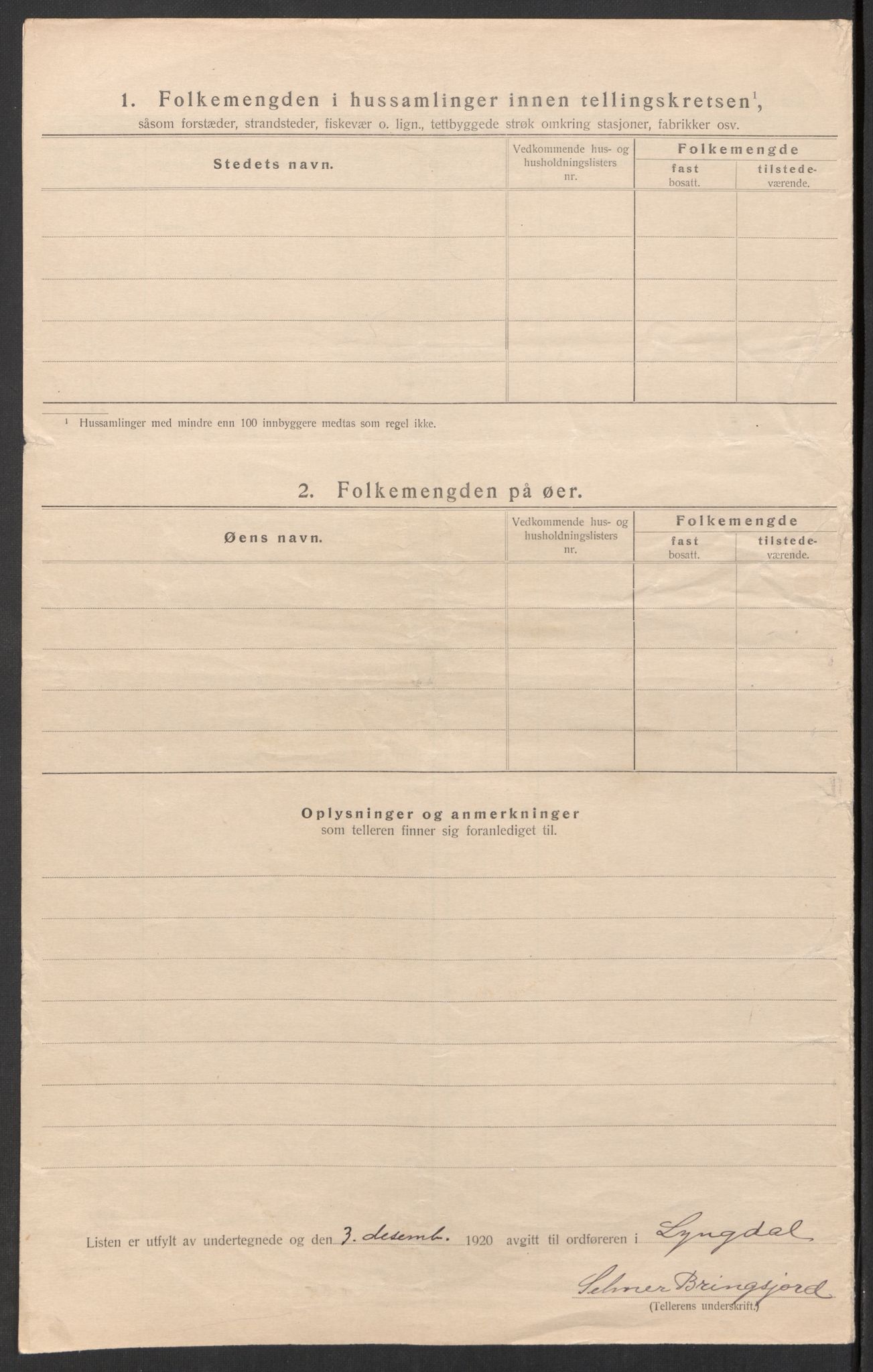 SAK, 1920 census for Lyngdal, 1920, p. 8