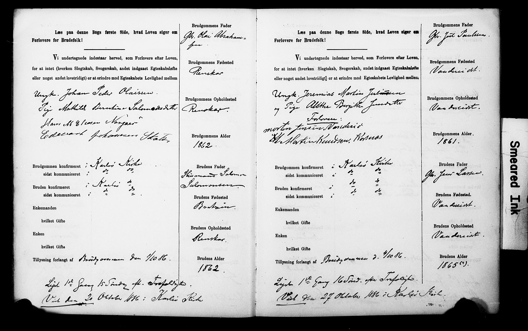 Uten arkivreferanse**, SAT/-: Banns register no. 1 /1 (Trøgstad), 1886-1891