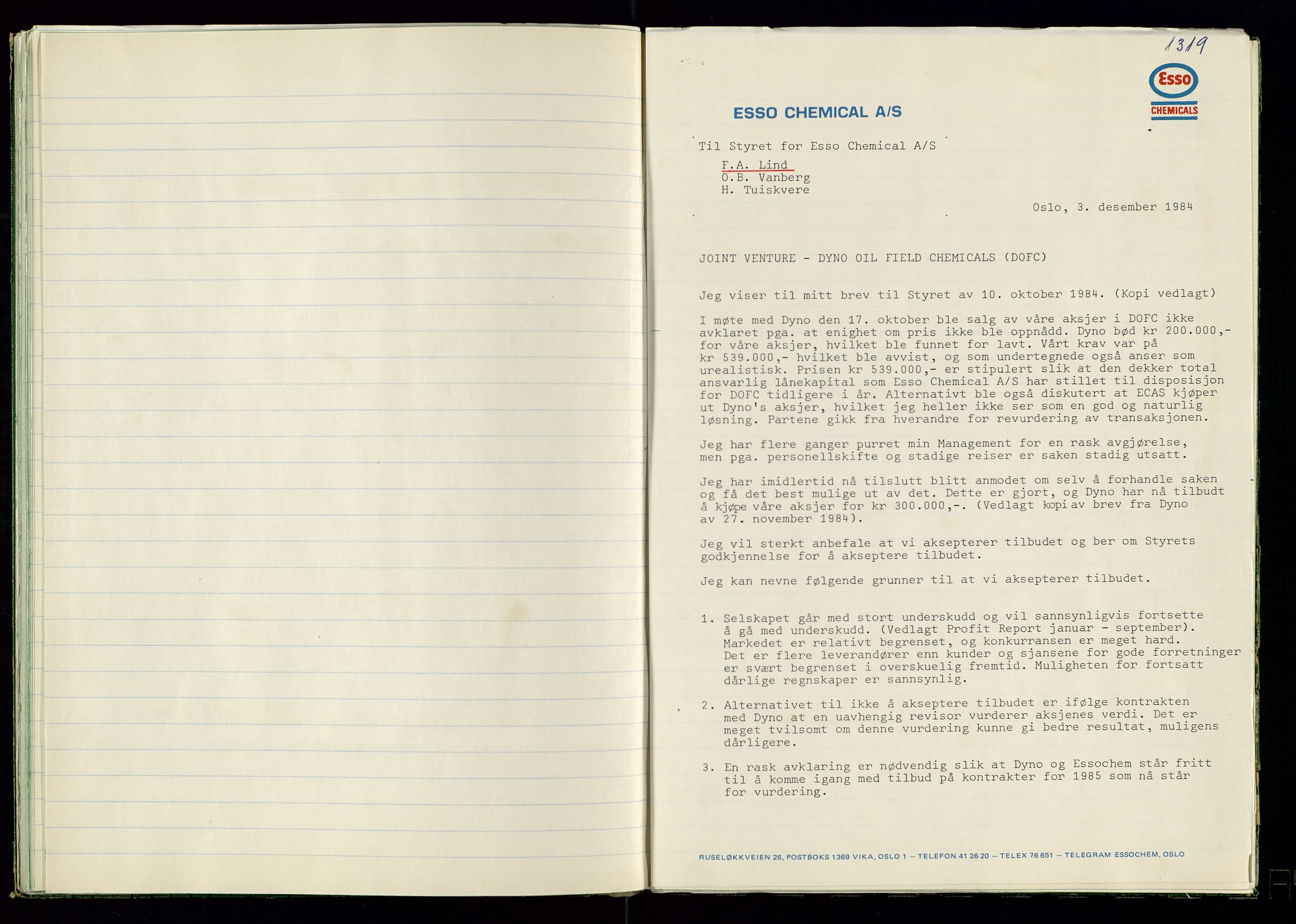 PA 1538 - Exxon Chemical Norge A/S, AV/SAST-A-101958/A/Aa/L0001/0001: Generalforsamlinger og styreprotokoller / Styreprotokoll, 1966-1996