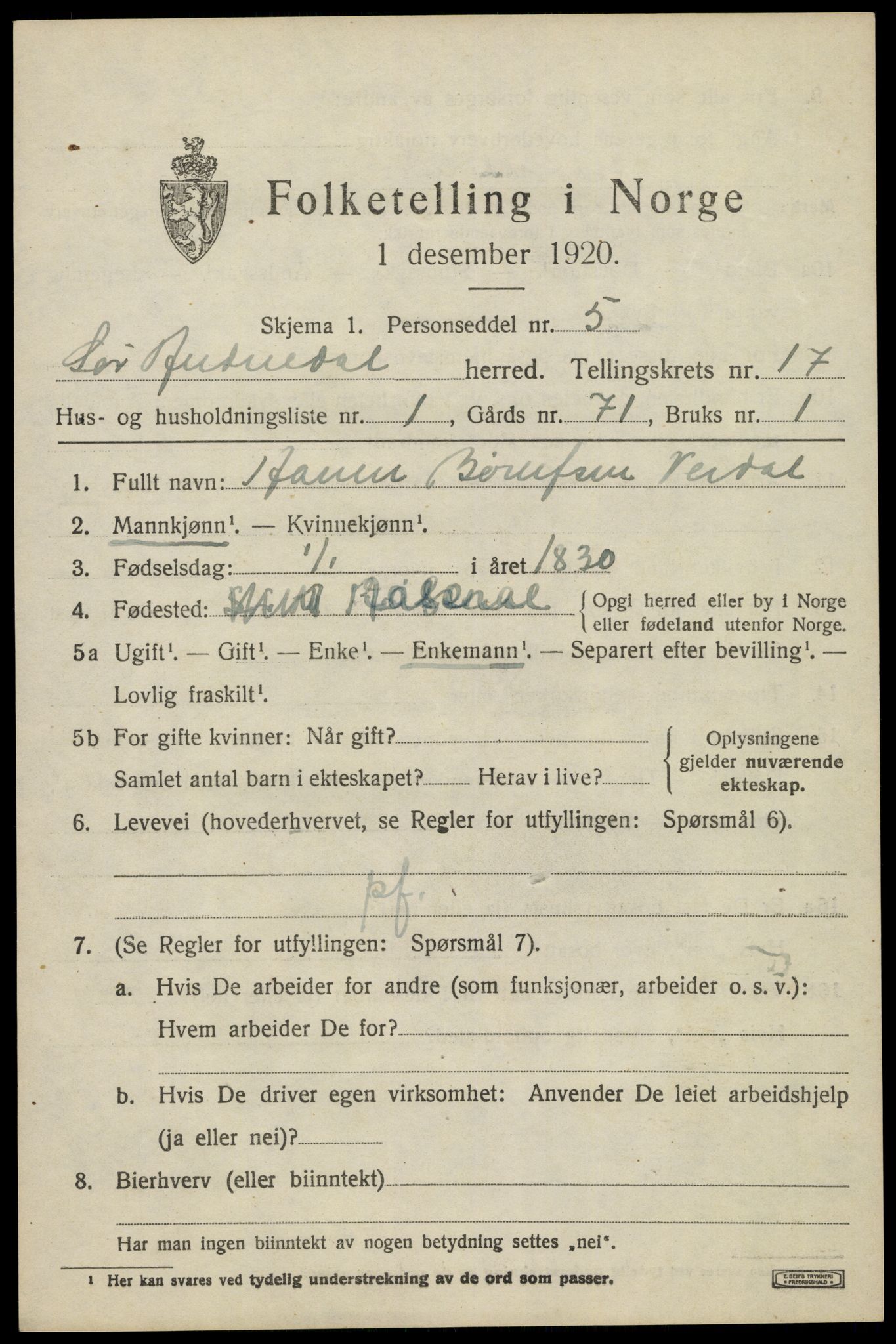 SAK, 1920 census for Sør-Audnedal, 1920, p. 6317