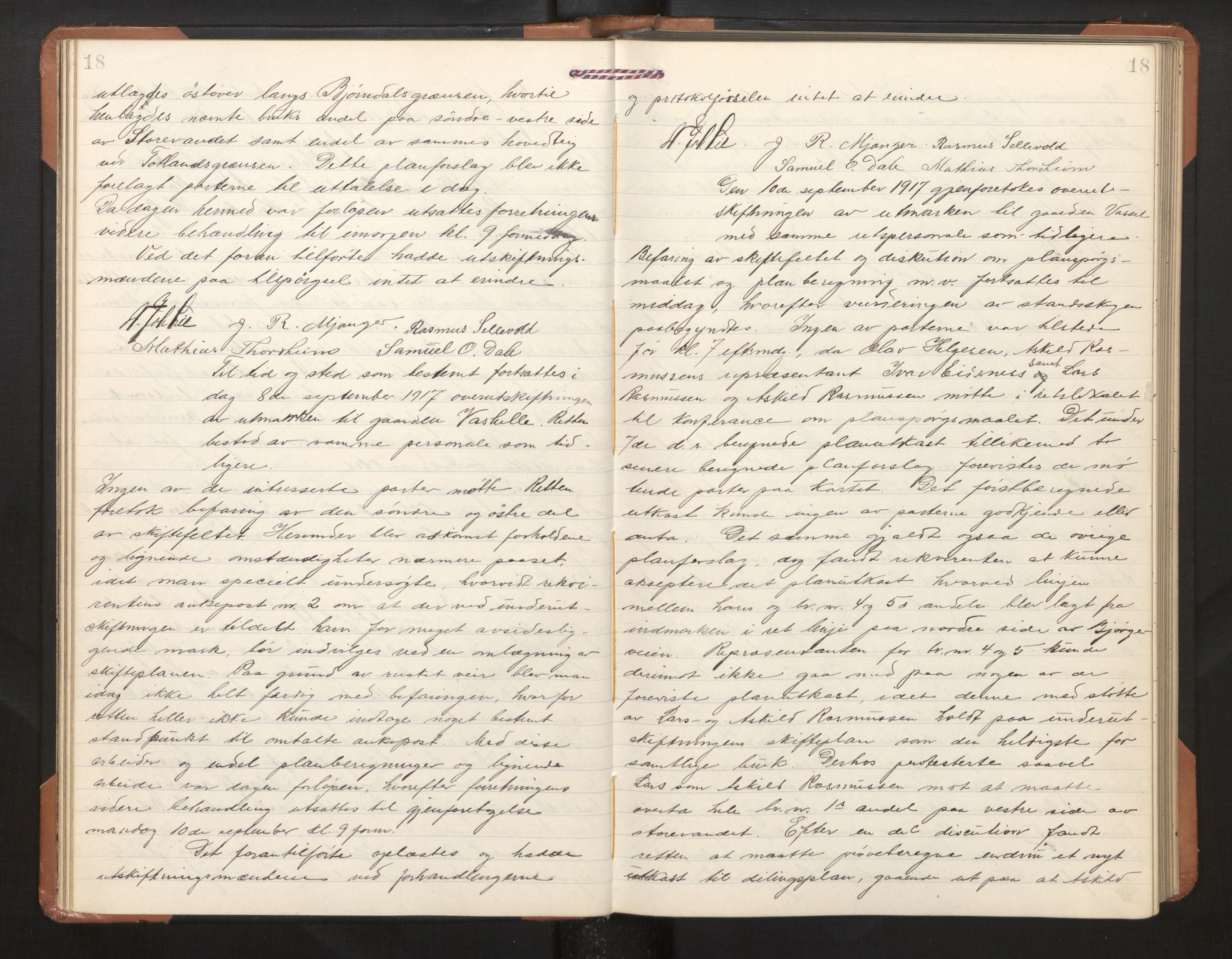 Hordaland jordskiftedøme - II Ytre Nordhordland jordskiftedistrikt, AV/SAB-A-6901/A/Aa/L0030: Forhandlingsprotokoll, 1917-1919, p. 18