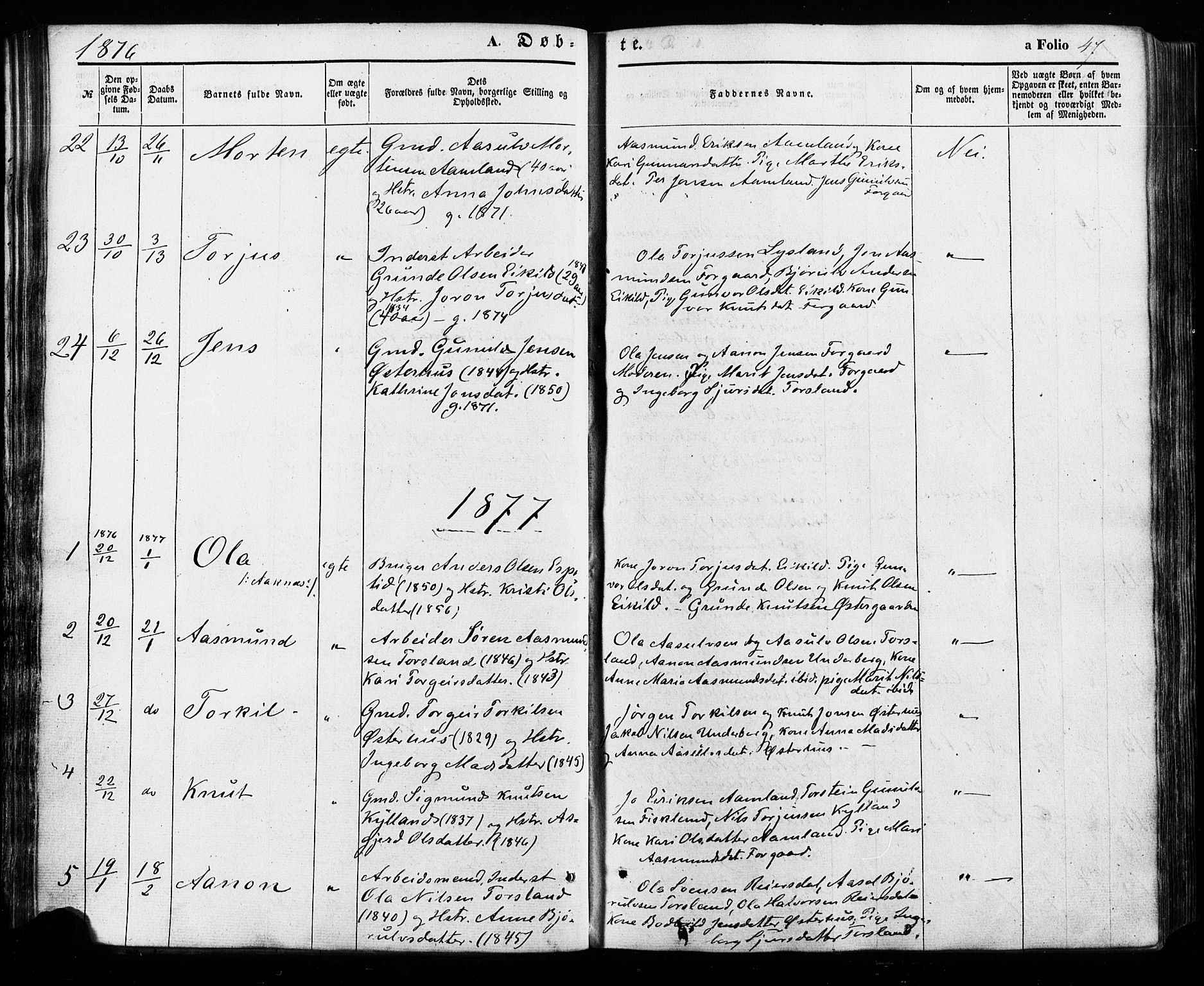 Åseral sokneprestkontor, SAK/1111-0051/F/Fa/L0002: Parish register (official) no. A 2, 1854-1884, p. 47