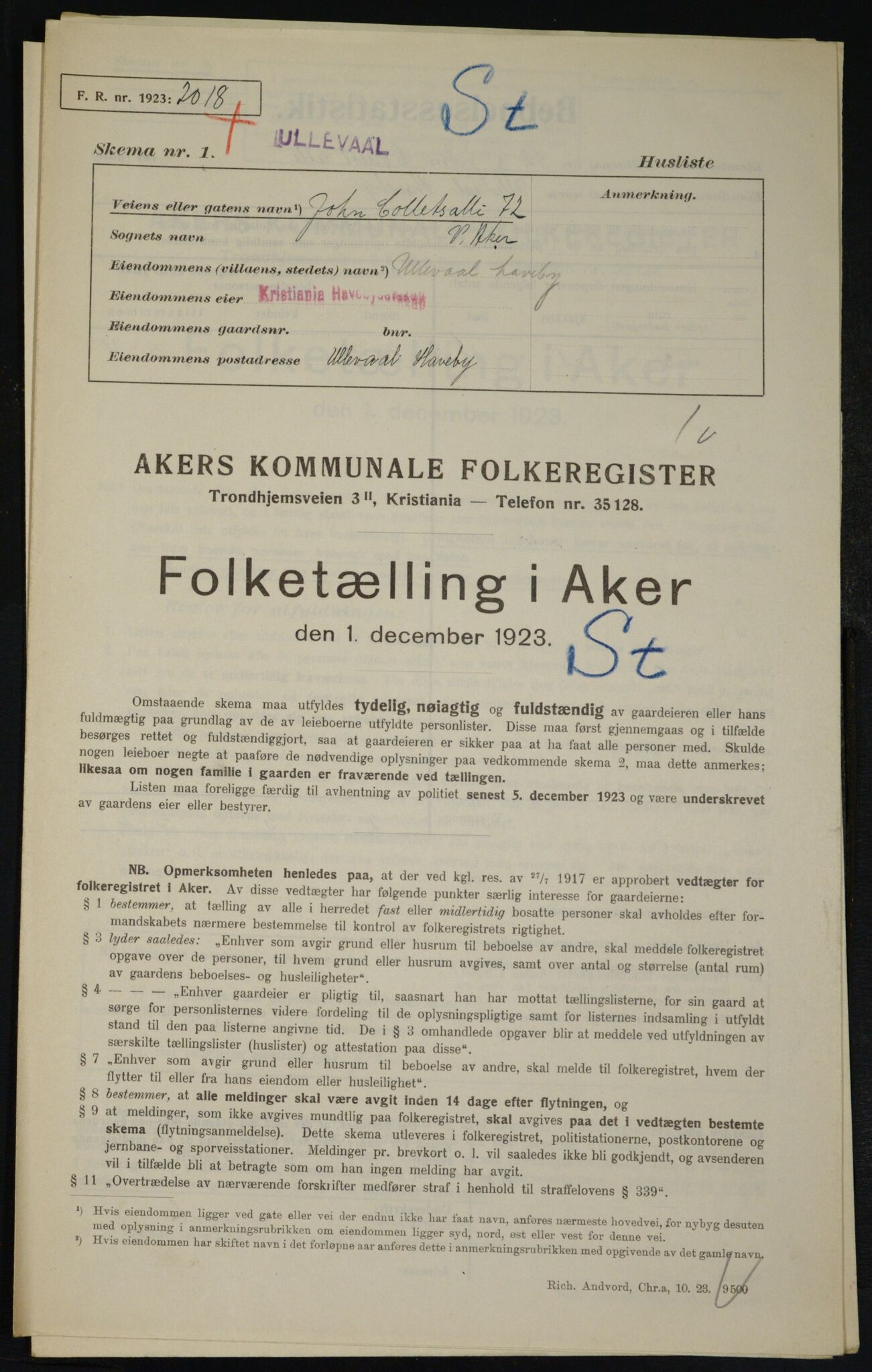 , Municipal Census 1923 for Aker, 1923, p. 21025