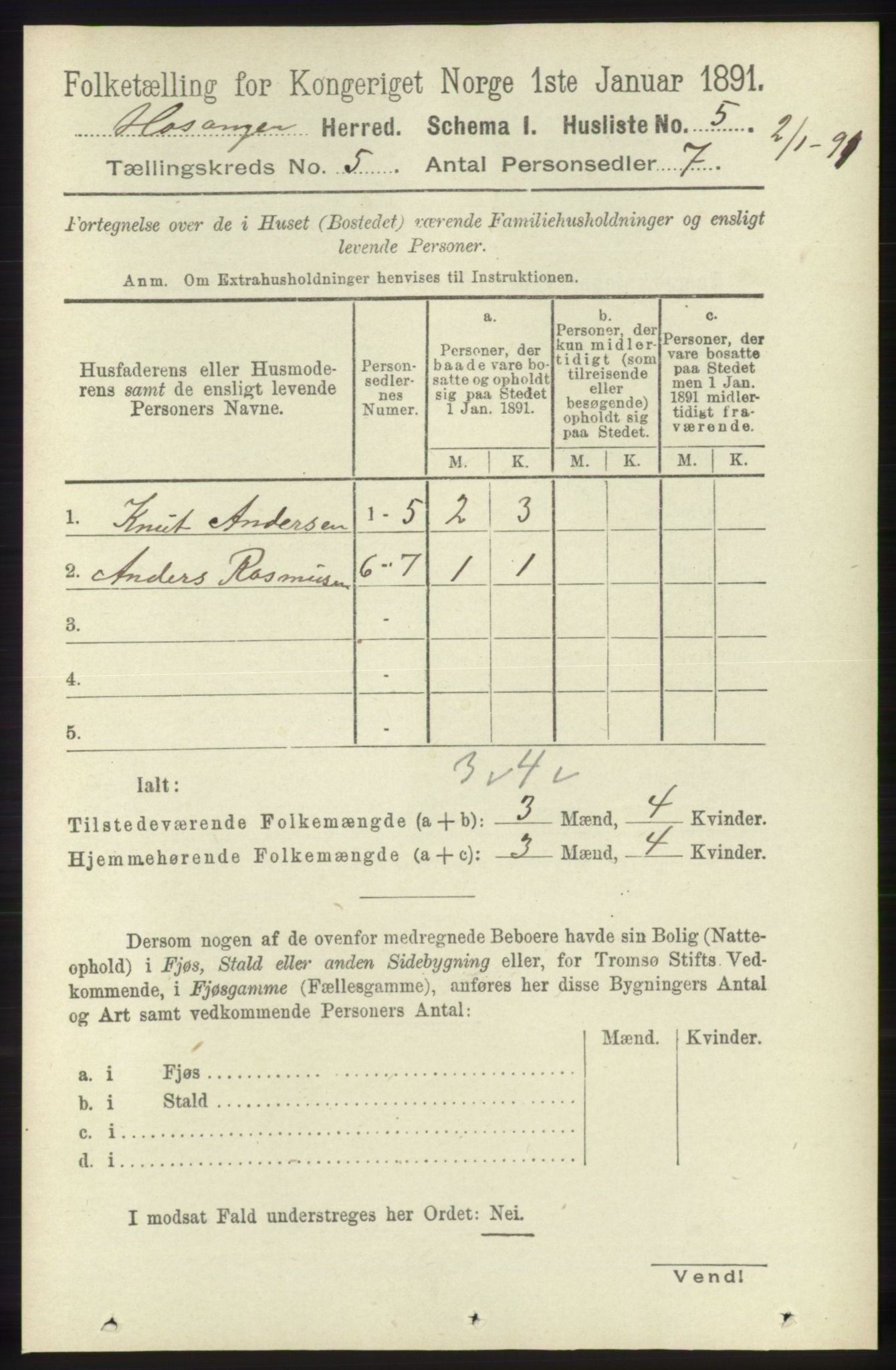 RA, 1891 census for 1253 Hosanger, 1891, p. 1744